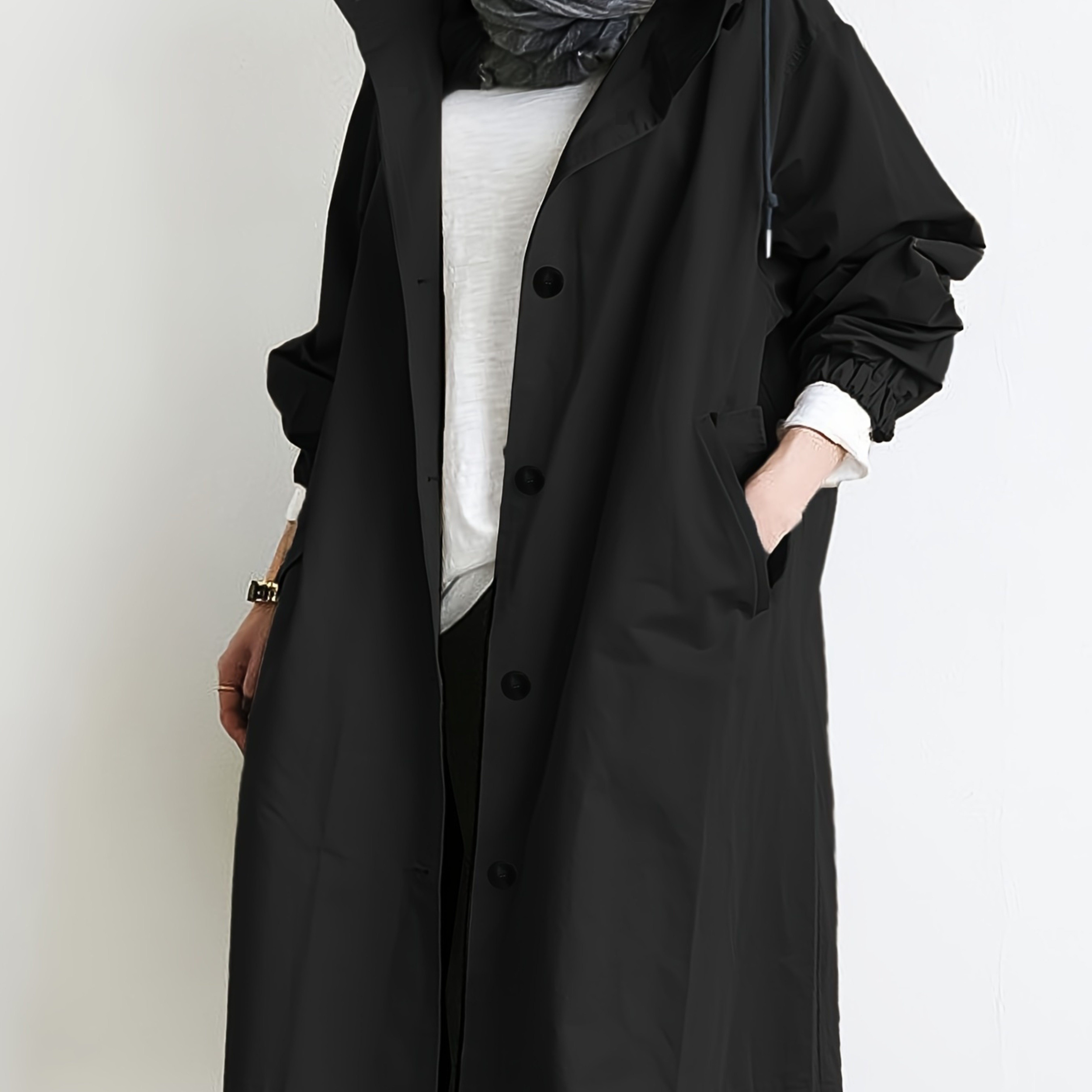 

Plus Size Solid Single Breasted Trench Coat, Elegant Drawstring Hooded Long Sleeve Coat, Women's Plus Size Clothing