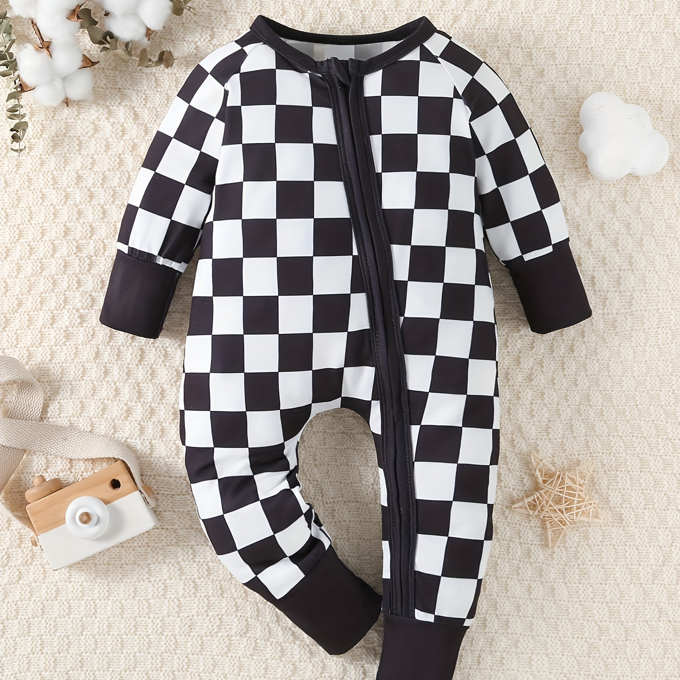 

Infant's Checkerboard Pattern Zip Up Bodysuit, Comfy Long Sleeve Onesie, Baby Boy's Clothing, As Gift