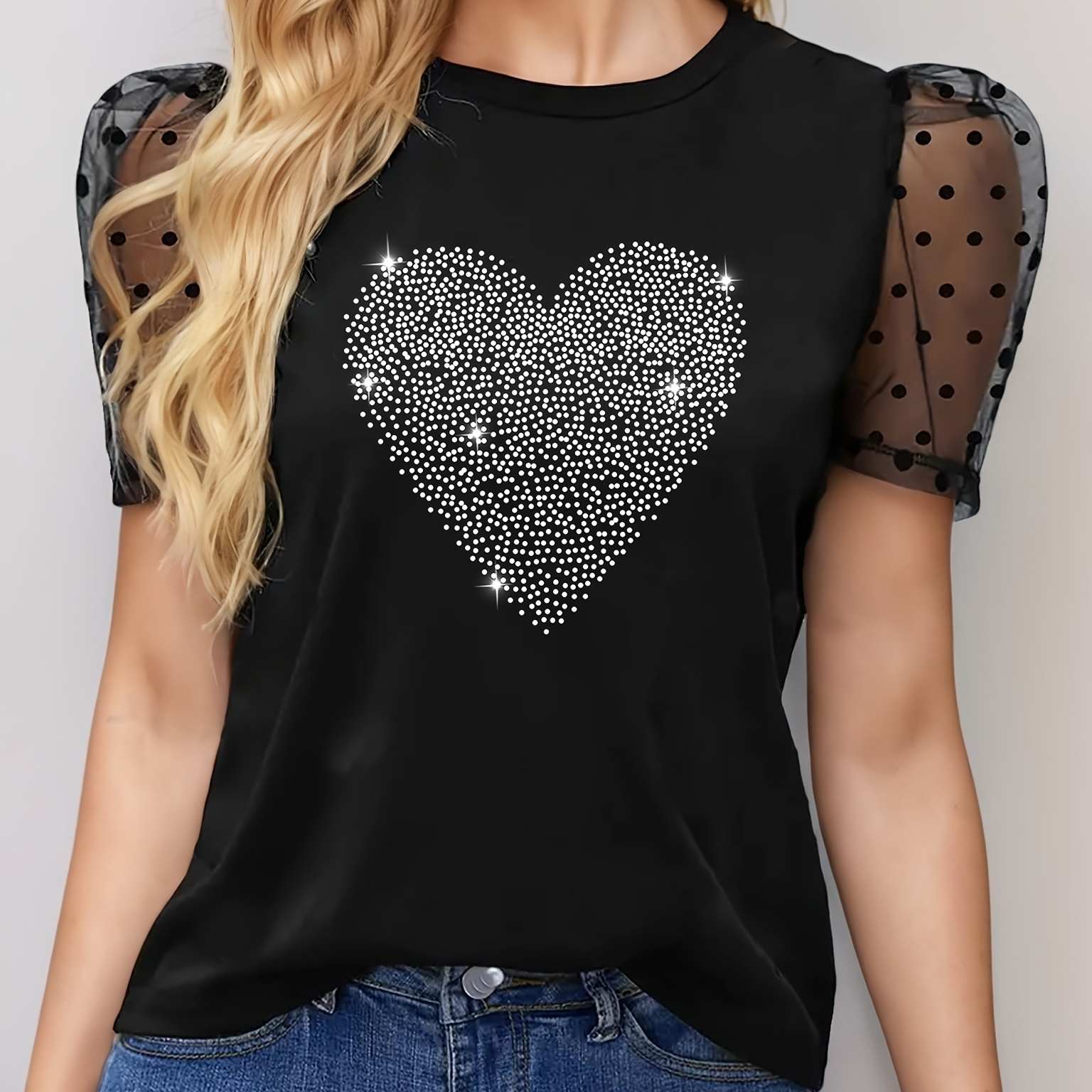 

[1pc Elegant ] Elegant Heart Crew Neck T-shirt, Polyester Knit Fabric, Regular Length, With Sheer Mesh Sleeves, For All