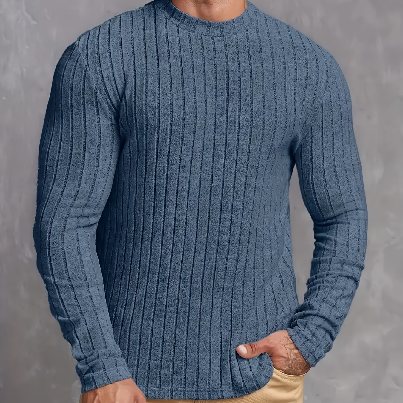 

Men's Stretch Knit Pullover Sweater - Casual Crew Neck, Long Sleeve, Ribbed Detail For Spring/fall