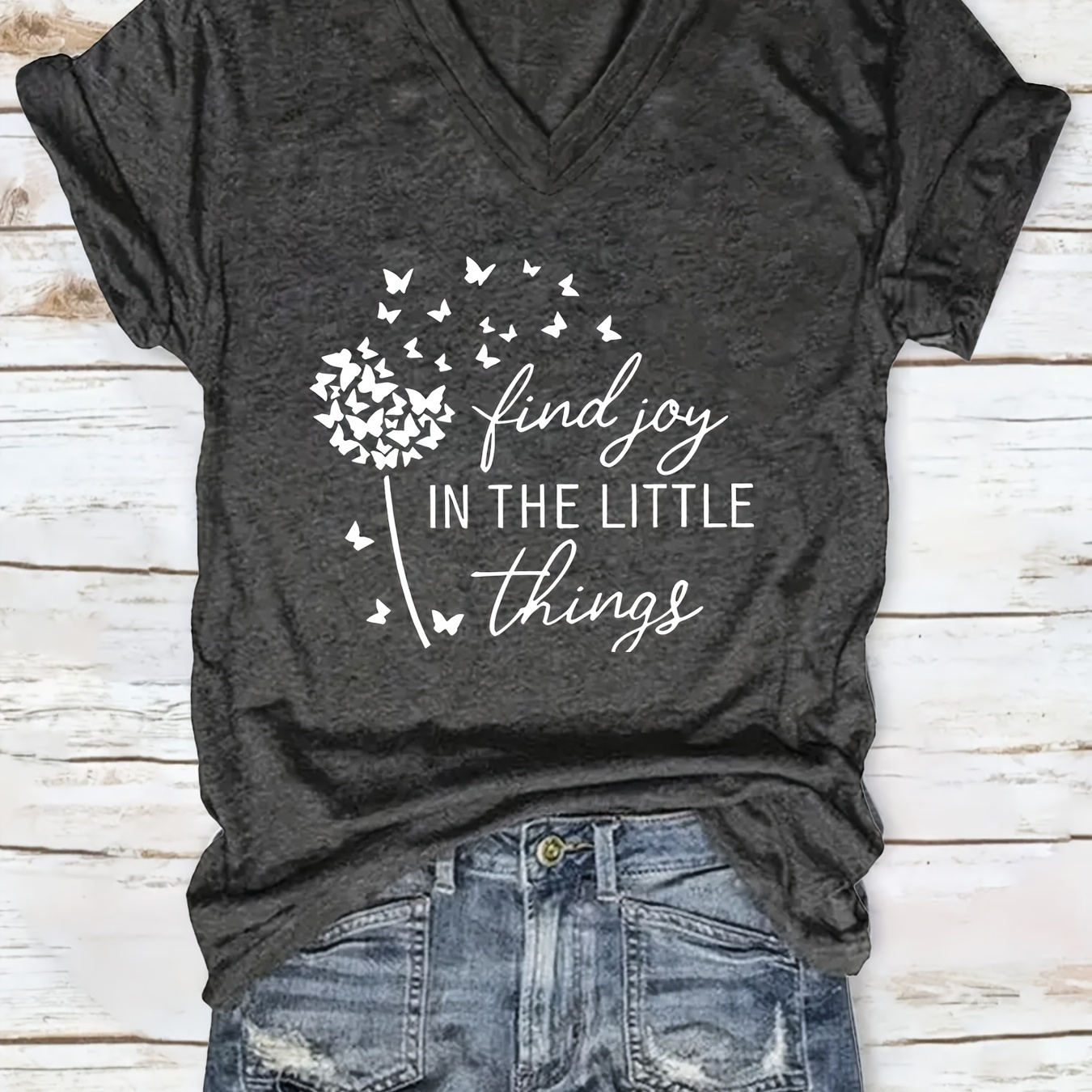 

Printed T-shirt, Short Sleeve V-neck Casual Top, Summer And Spring, Women's Clothing
