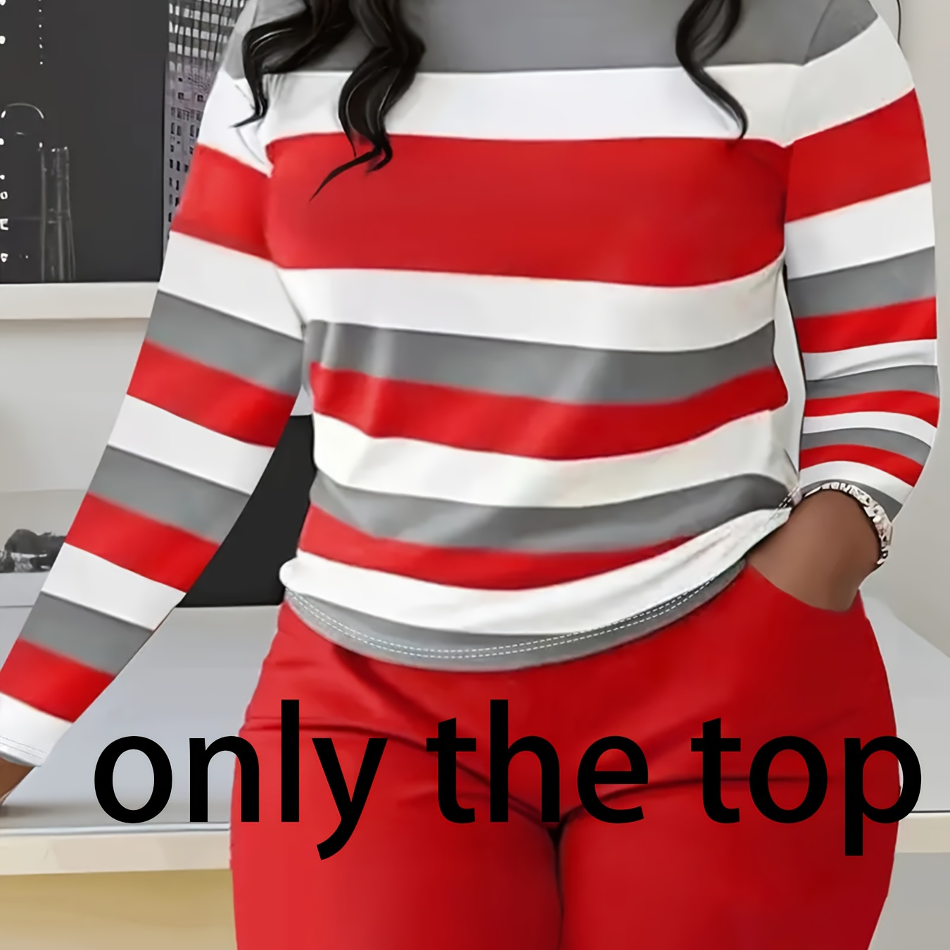 

Plus Size Striped Print T-shirt, Casual Crew Neck Long Sleeve Top For Spring & Fall, Women's Plus Size Clothing