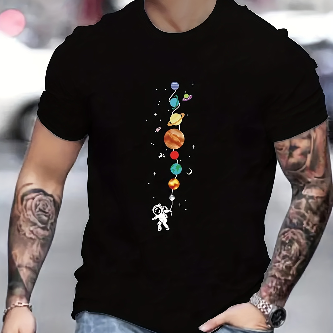 

Men's Cartoon Style Astronaut And Planet Pattern T-shirt With Crew Neck And Short Sleeve, Pure Cotton Tee For Men, Trendy And Chic Top For Summer Daily Wear