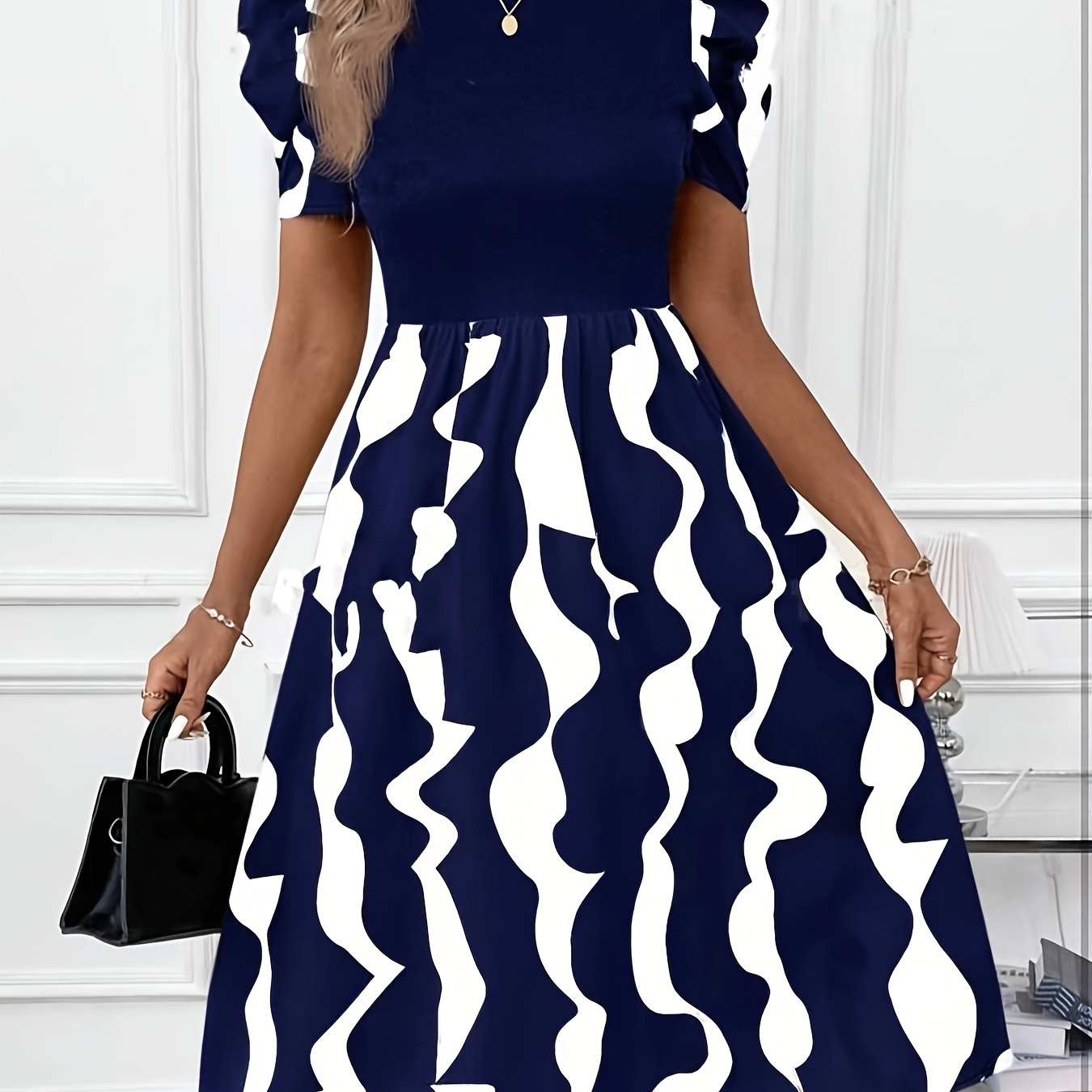 

Elegant Stand Collar Ruffle Sleeve Dress With Geometric Pattern - 100% Polyester A-line Midi Dress For Women - Woven Dress With Bubble Sleeves - Middle Collection