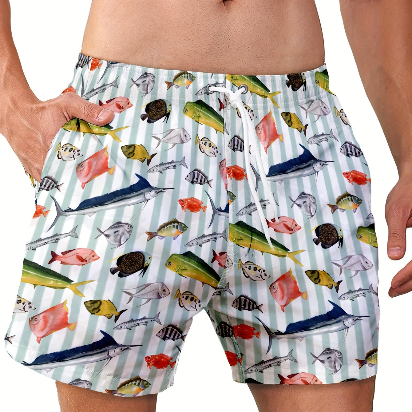 

Men's Loose Beach Shorts Activewear, Drawstring Quick Dry Fish Print Shorts, Lightweight Shorts For Summer Beach Vacation Surfing
