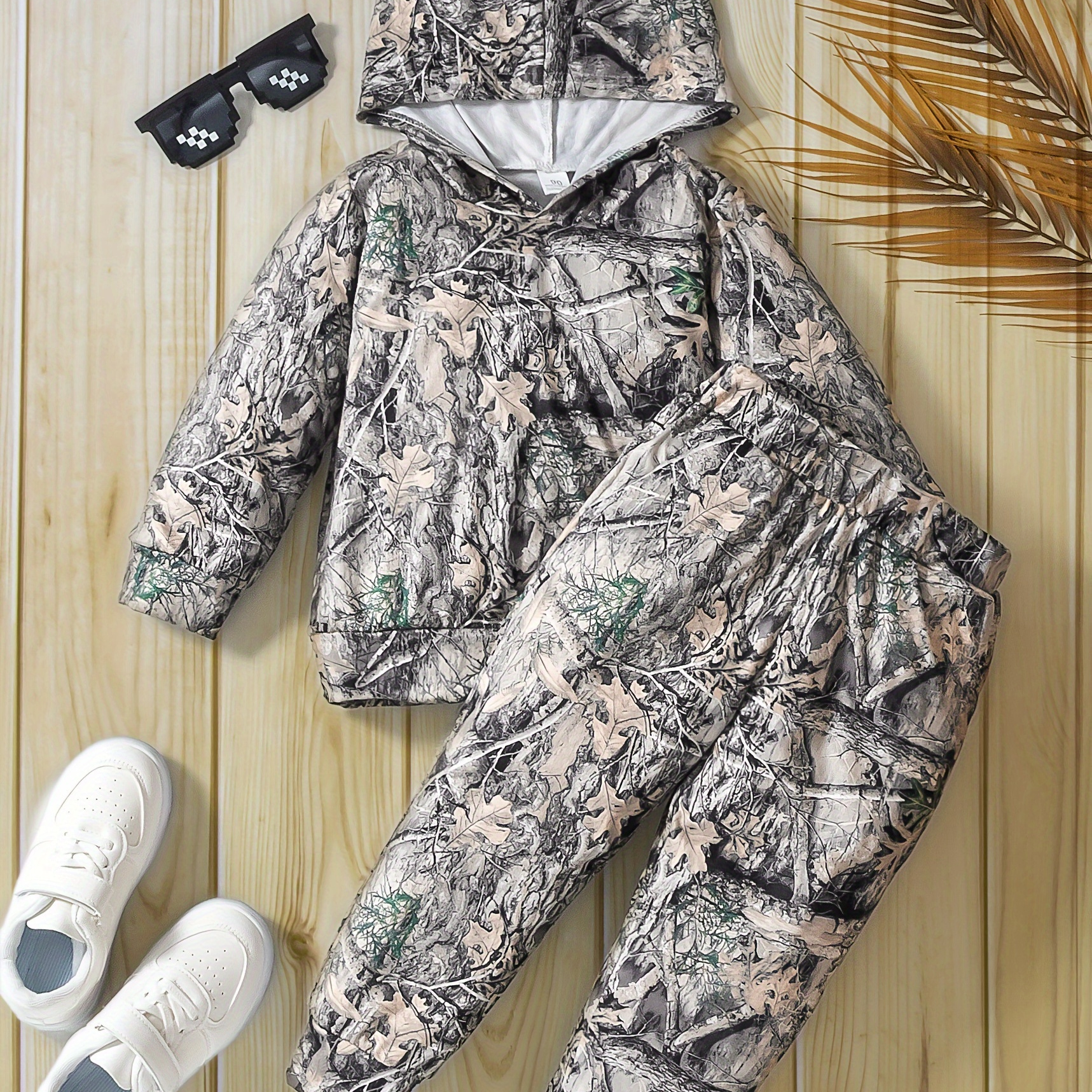 

2pcs Boy's Camo Leaves Print Hooded Outfit, Hoodie & Pants Set, Kid's Clothes For Fall Winter, As Gift