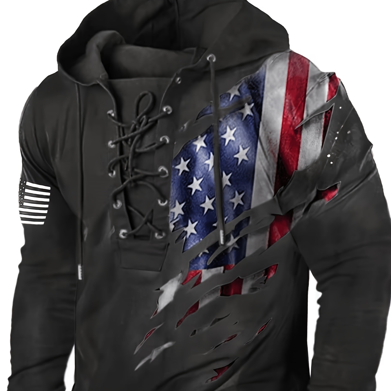 

Retro Flag Print Hoodie, Cool Lace Up Hoodies For Men, Men's Casual Graphic Design Hooded Sweatshirt Streetwear For Winter Fall, As Gifts