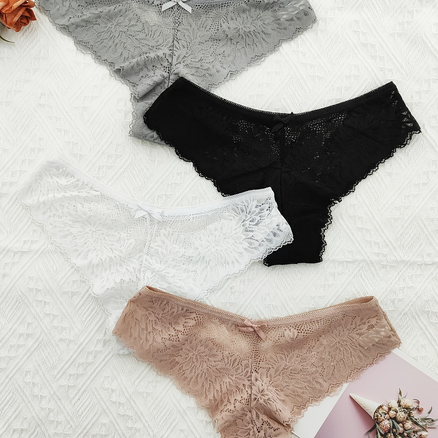 

4pcs Floral Lace Hipster Panties, Sexy Comfy Low Waist Stretch Bow Tie Panties, Women's Lingerie & Underwear