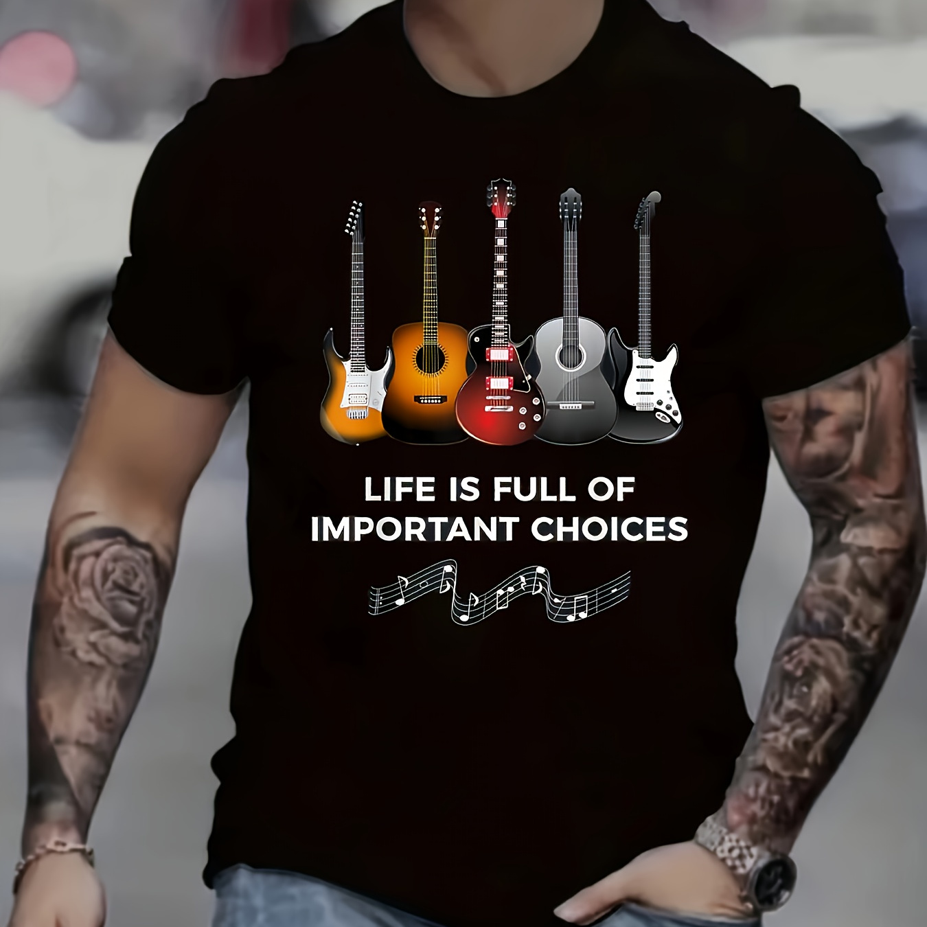 

T-shirt à col rond à manches courtes avec motif de guitare électrique 3D numérique et de note de musique pour hommes, hauts chics et élégants pour les loisirs d'été, t-shirts pour hommes.