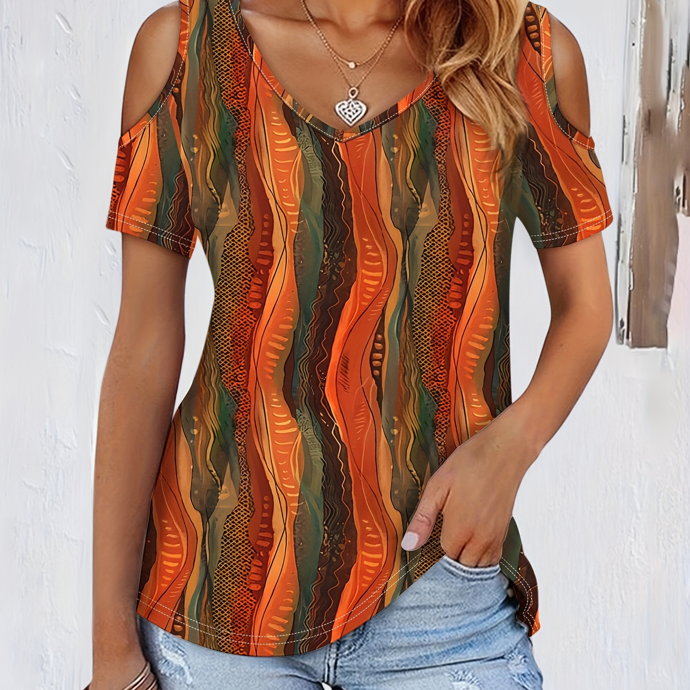 

Print Short Sleeve T-shirt, Casual Cold Shoulder V Neck Top For , Women's Clothing