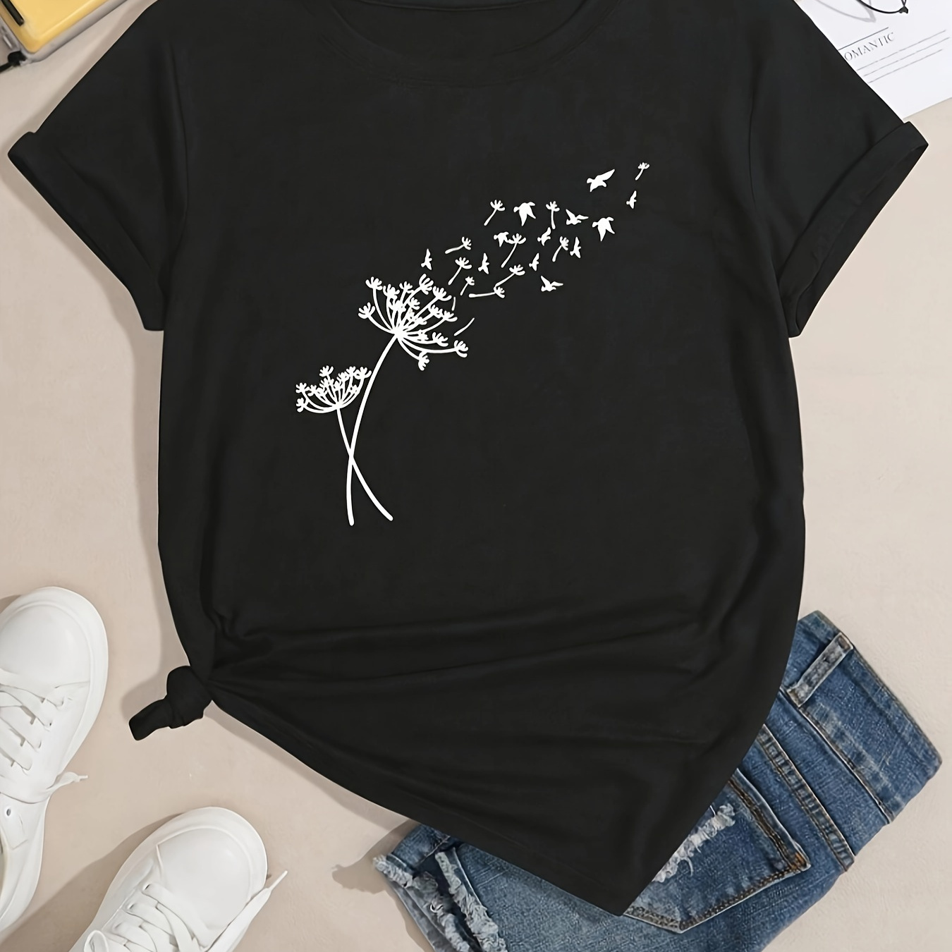

Dandelion Print Vintage T-shirt, Crew Neck Short Sleeve Top For Spring & Summer, Women's Clothing