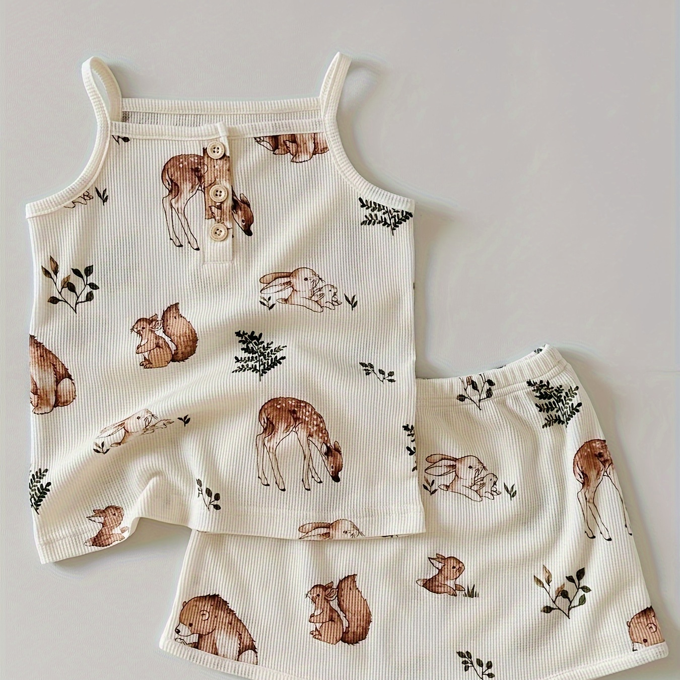 

Girls Cartoon Bear Squirrel Pattern Print Suspender Top + Shorts Set, Summer Loungewear Pajamas Set For Baby Girls