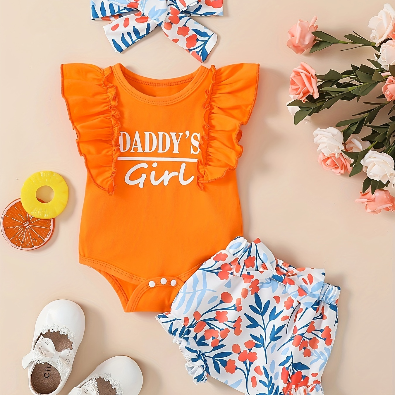 

3pcs Baby Girls "daddy's Girl" Sleeveless Onesie & Shorts & Headband Set, Father's Day Outfits Gifts