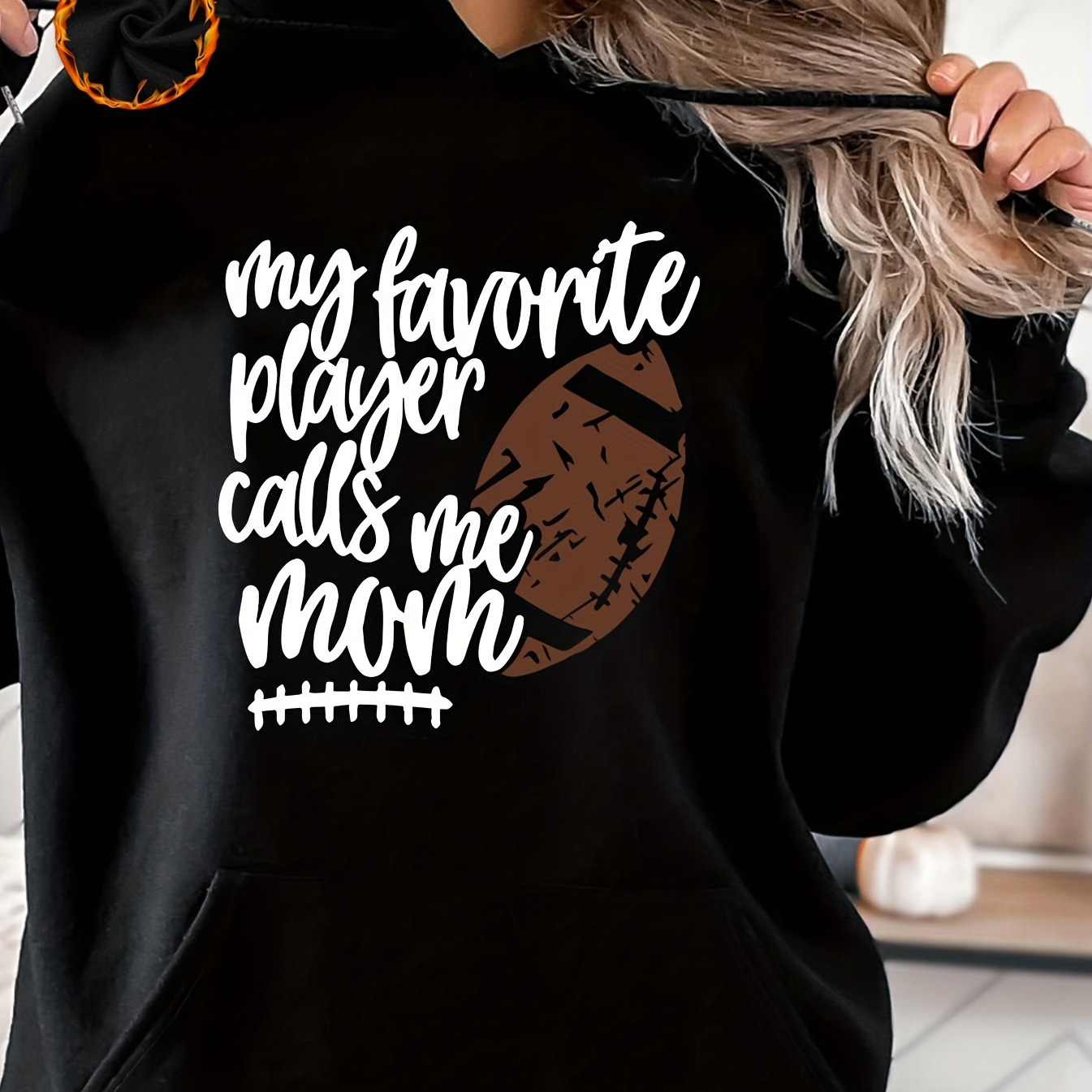 

Plus Size Casual Sweatshirt, Women's Plus Slogan & Rugby Print Fleece Liner Long Sleeve Drawstring Hooded Sweatshirt With Pockets