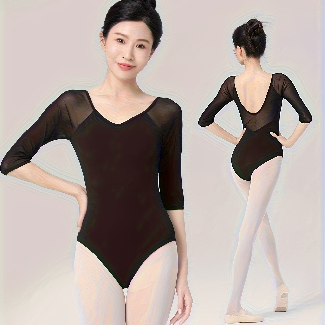 zwf046 バレエレオタード 大人用 女性用 メッシュ ミドルスリーブ