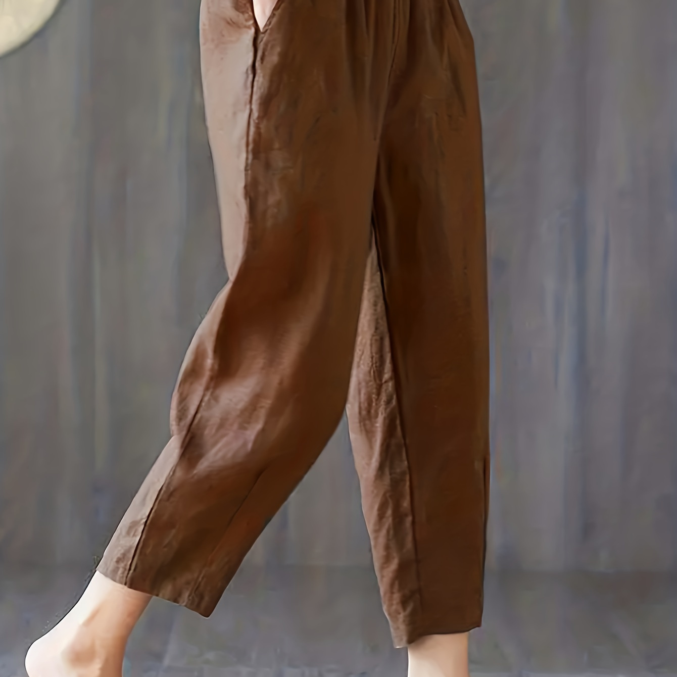 

Solid Elastic Waist Loose Pants, Casual Slant Pocket Cropped Pants, Women's Clothing