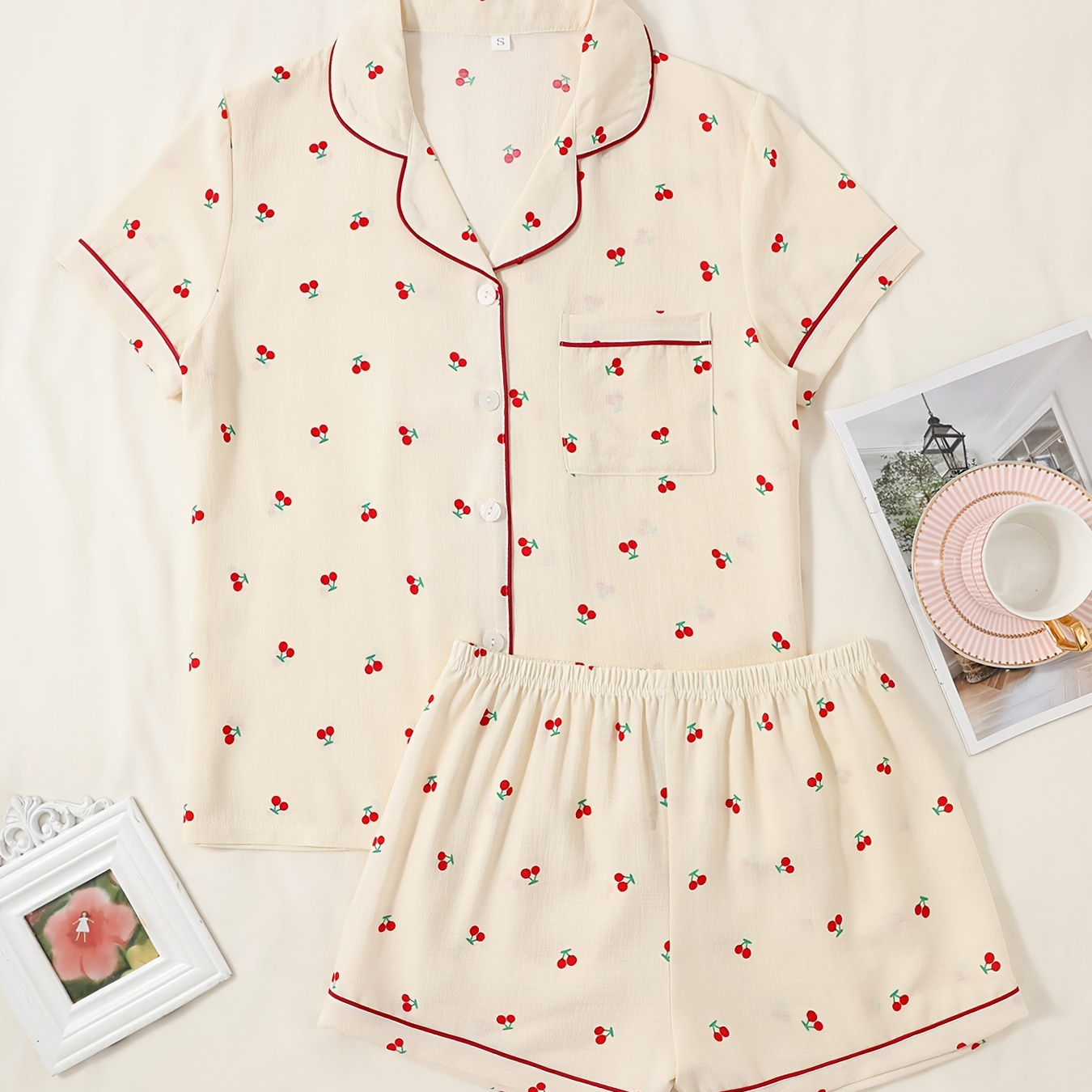 

Women's Cute Cherry Print Textured Pajama Set, Short Sleeve Buttons Lapel Top & Shorts, Comfortable Relaxed Fit