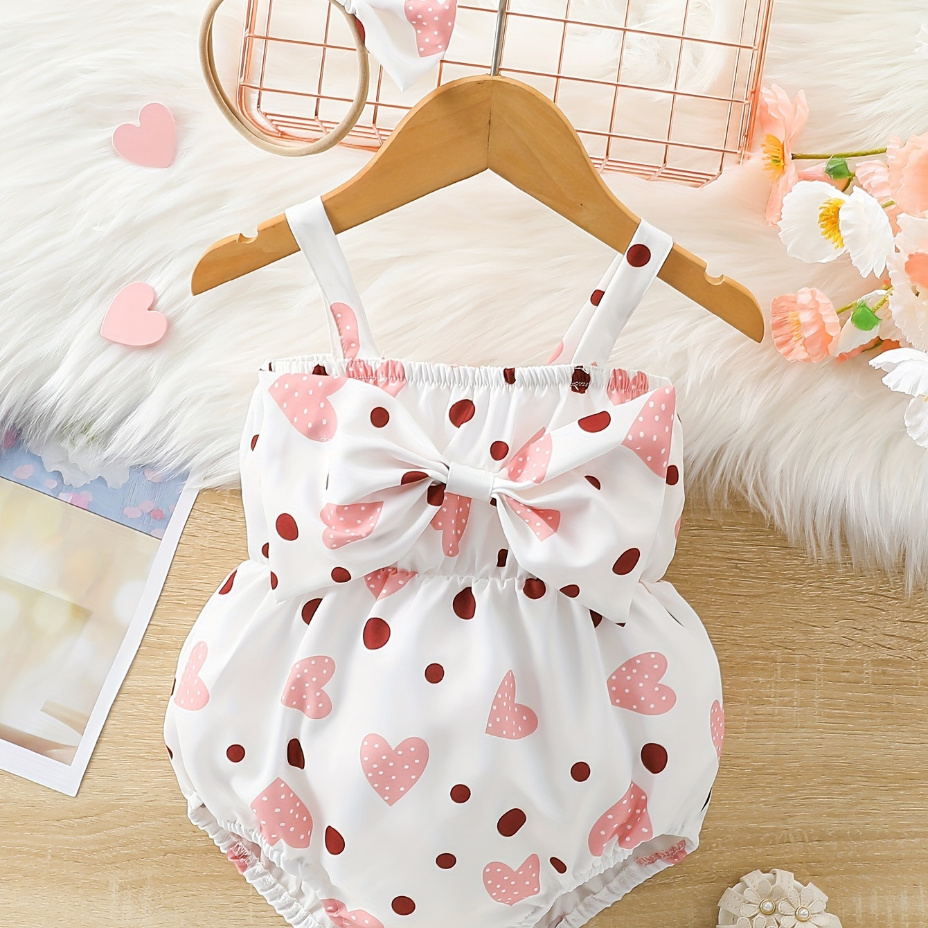 

Baby Girls Love Print Peach Heart Polka Dot Cami Triangle Romper Summer Bodysuit