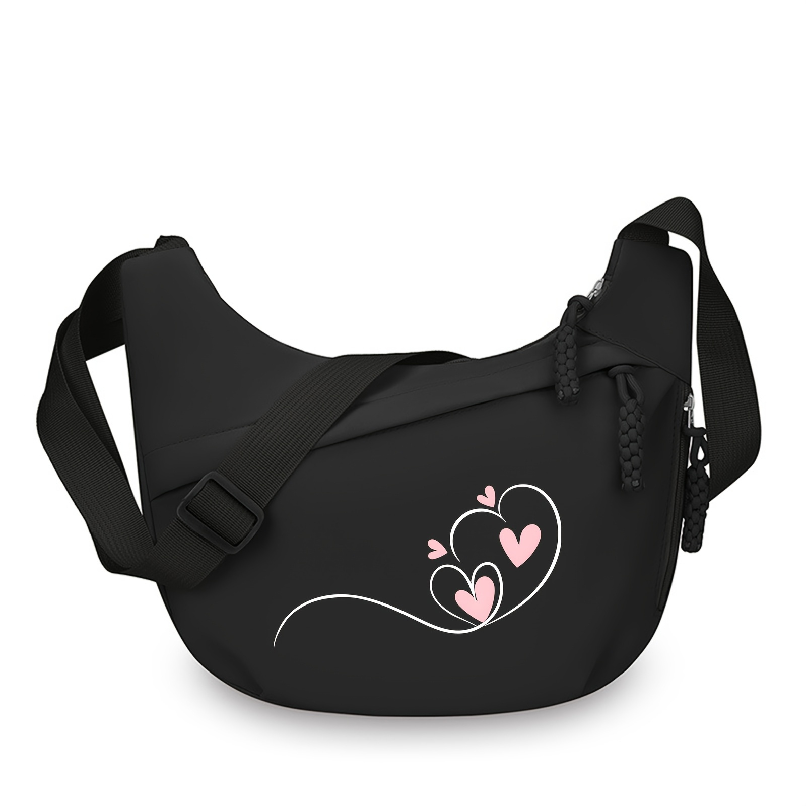TEMU Love Pattern Women's Crescent Bag, Double Zipper Design Large Capacity Crossbody Bag, With Side Zipper Pocket, Adjustable Shoulder Strap Women's