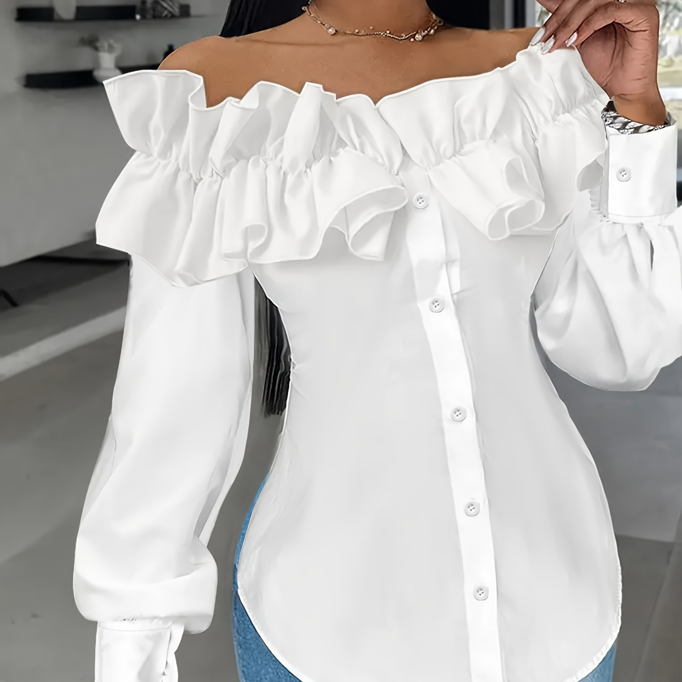 

Elegant Off-shoulder Red Blouse For Women - Chic Long Sleeve With Ruffle Detail, Polyester, Button Front, Machine Washable - Ideal For Casual To Semi-formal , Clothing|offshoulder Top|polyester Fabric