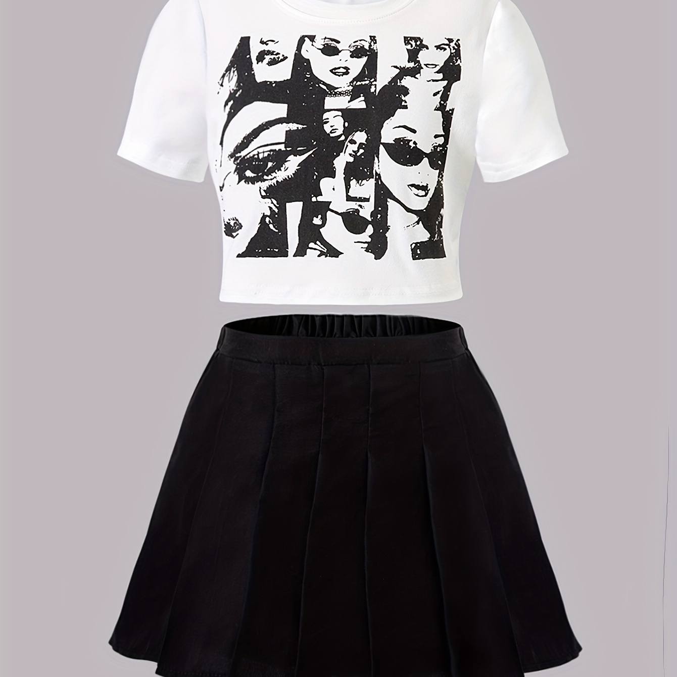 

Girl's 2 Pcs Chic Retro Portrait Graphic Slim T-shirt + Pleated Skirt Set, Street Casual Going Out Summer Clothes, Gift