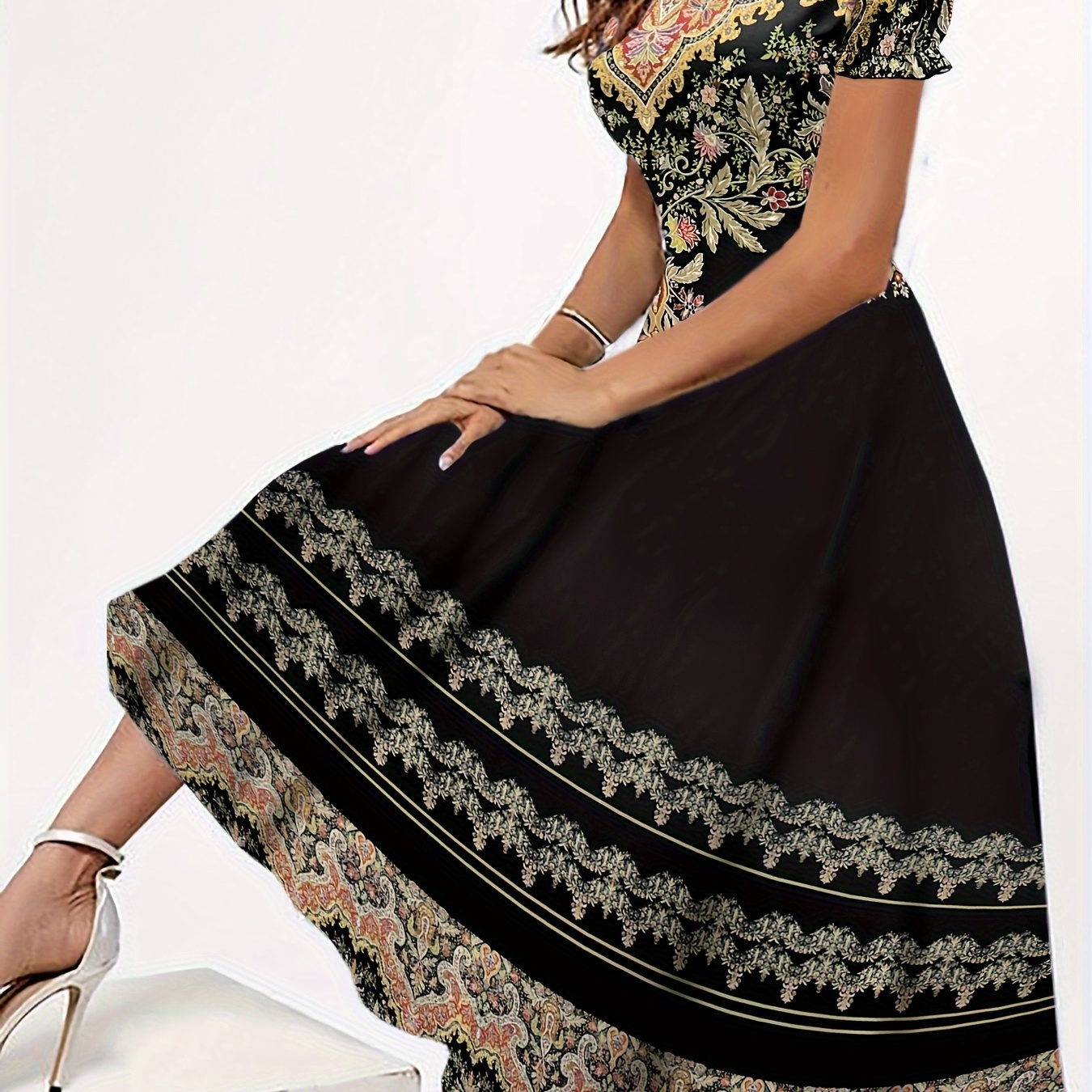 

Ethnic Style Print Crew Neck Dress, Vintage Short Sleeve Dress For Spring & Summer, Women's Clothing