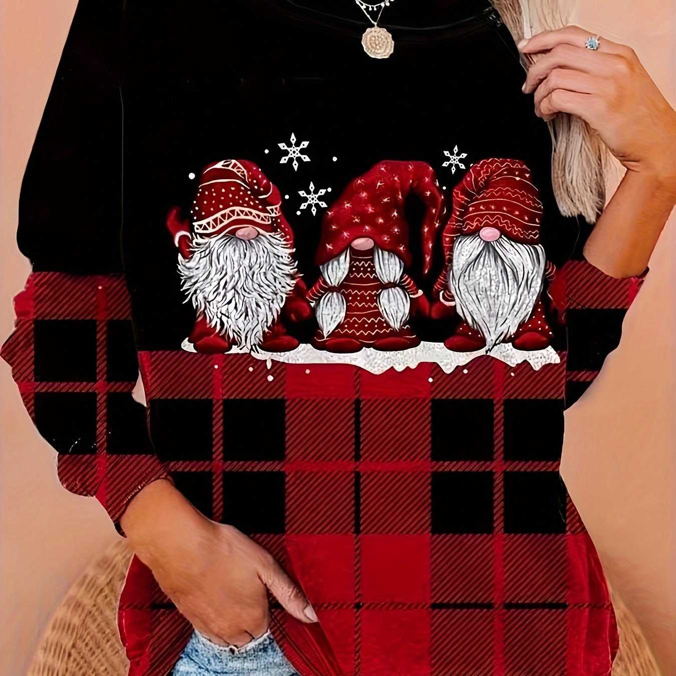 

Plus Size Christmas Casual Sweatshirt, Women's Plus Gingham & Dwarf Print Long Sleeve Round Neck Sweatshirt