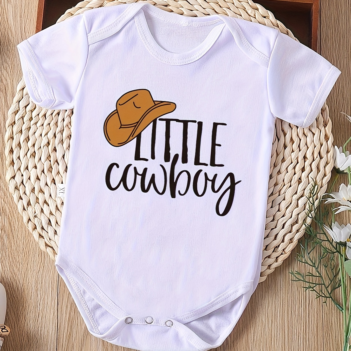 

Little Cowboy Letter Print Baby Cute Romper, Summer Newborn Short Sleeve Bodysuit Pregnancy Gifts