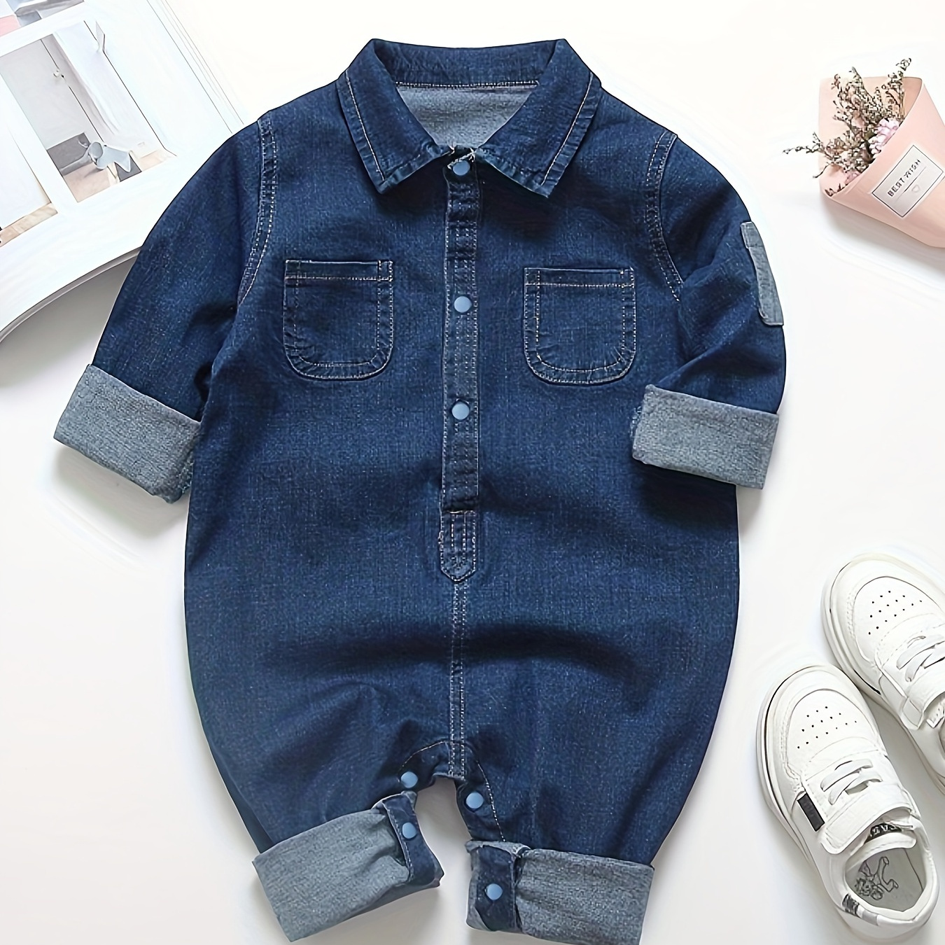 

Baby Turndown Collar Long Sleeve Denim Like Bodysuit, Casual Jumpsuit