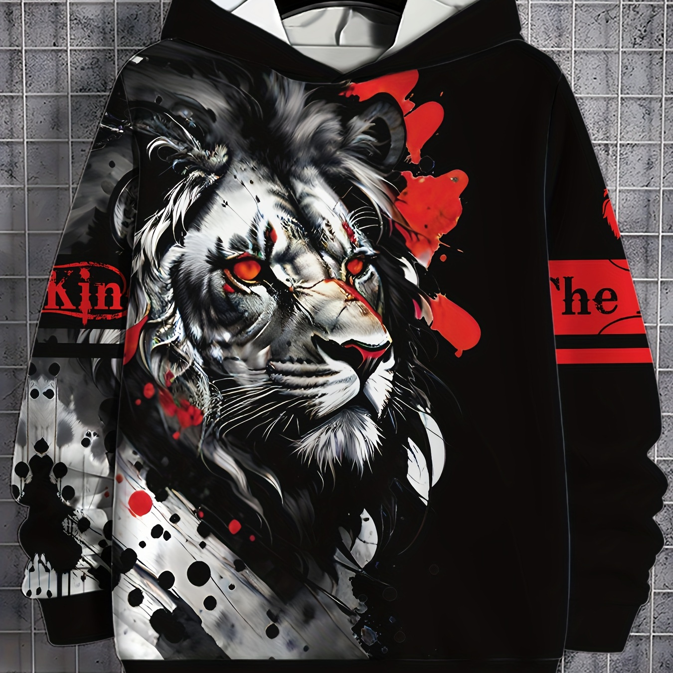 

Men's Lion Graphic Print Hoodie, Casual Long Sleeve Hooded Sweatshirt For Outdoor