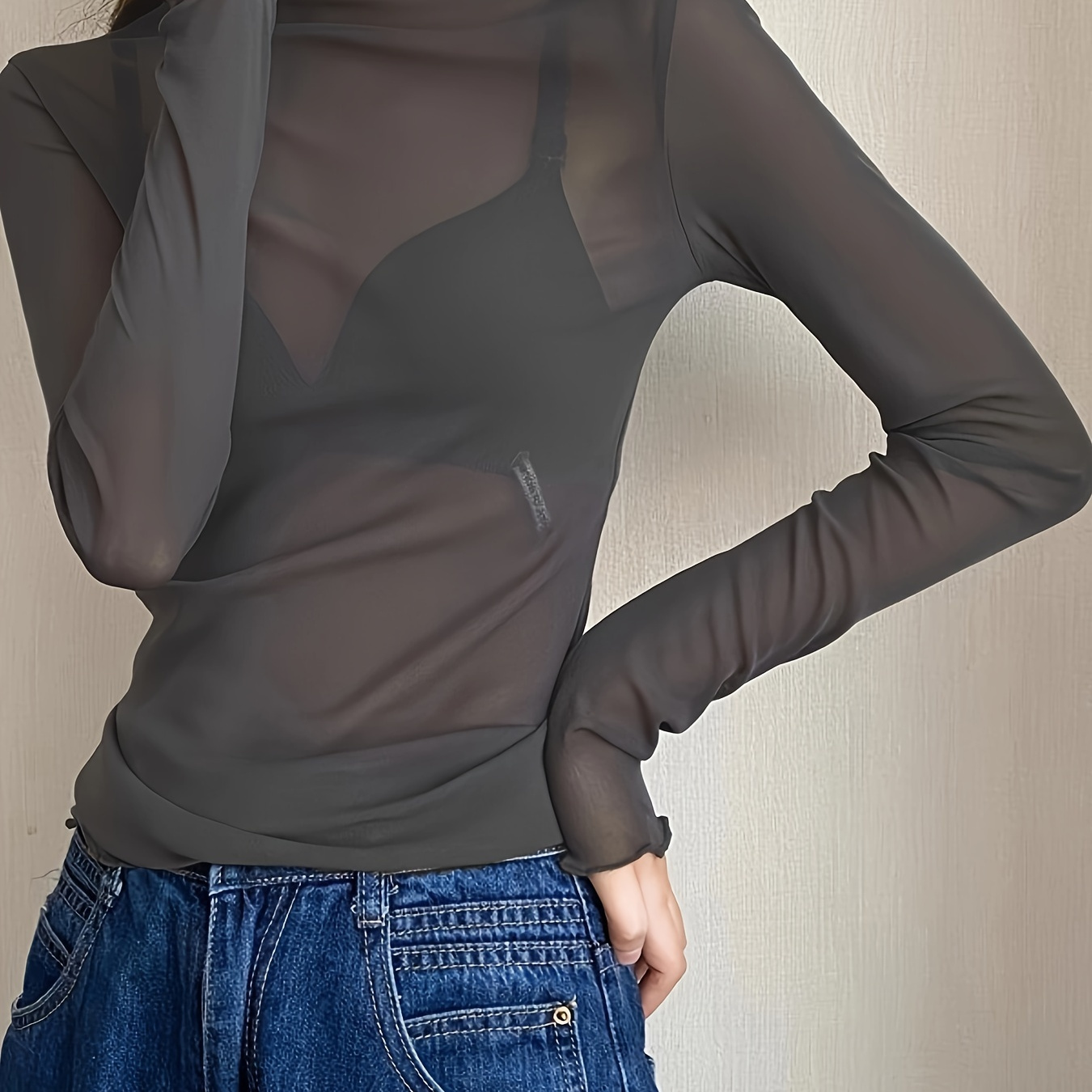 

Solid Turtleneck Mesh T-shirt, Sexy Long Sleeve Sheer Frill Trim Top, Women's Clothing