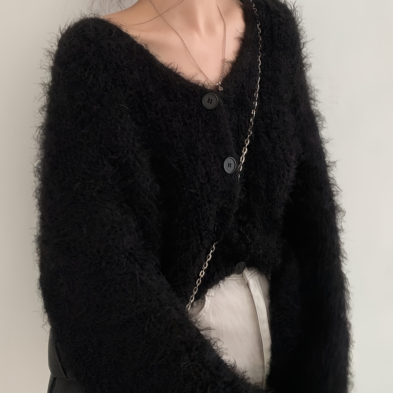 

Lazy V-neck Sweater Coat Mink Long Sleeve Knit Cardigan Woman