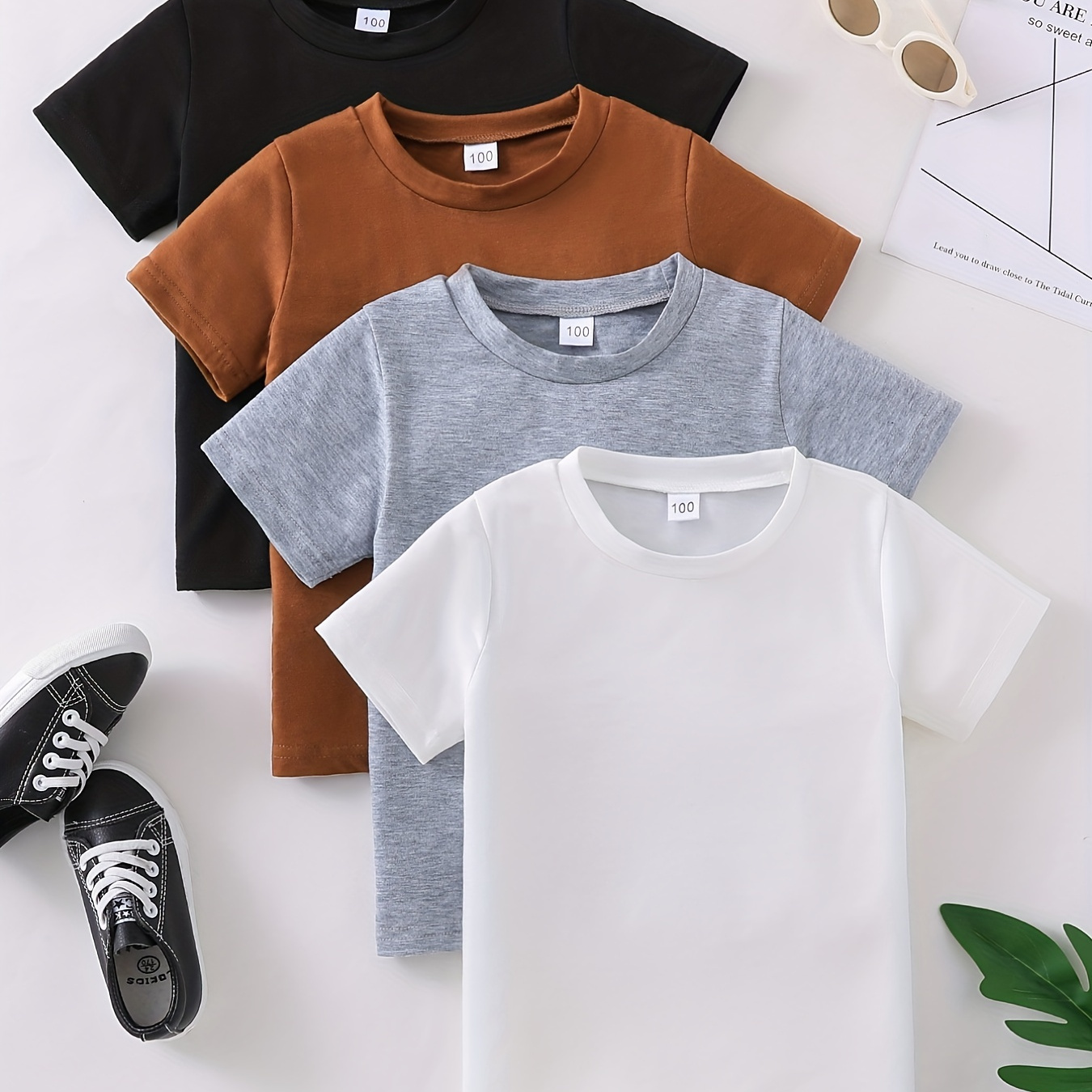 

4 Pack Solid Color Boys Creative T-shirt, Casual Lightweight Comfy Short Sleeve Crew Neck Tee Tops, Kids Clothings For Summer