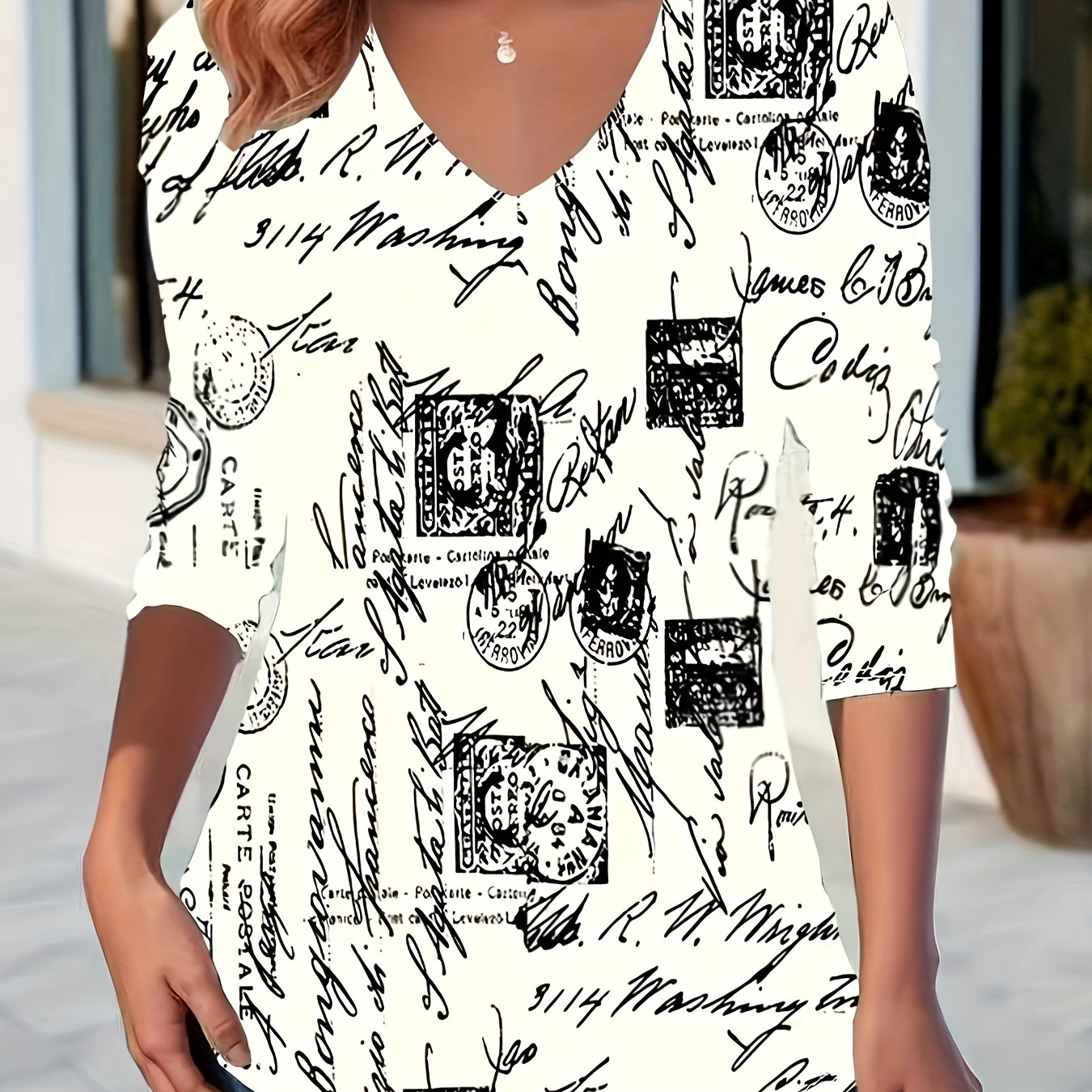 

Graphic Print V Neck T-shirt, Casual Long Sleeve Top For Spring & Fall, Women's Clothing