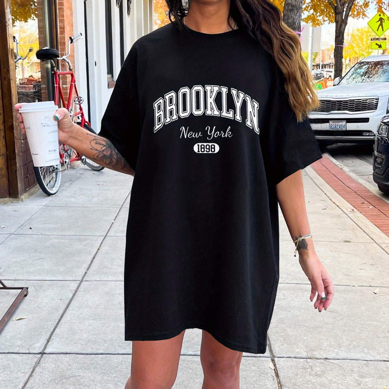 

Brooklyn Print Crew Neck Tee Dress, Casual Short Sleeve Dress For Spring & Summer, Women's Clothing