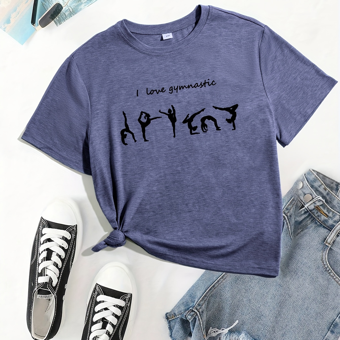 

Gymnastics Girl Graphic & Letter Print Creative T-shirts, Soft & Elastic Comfy Crew Neck Short Sleeve Tee, Teen Girls' Summer Tops
