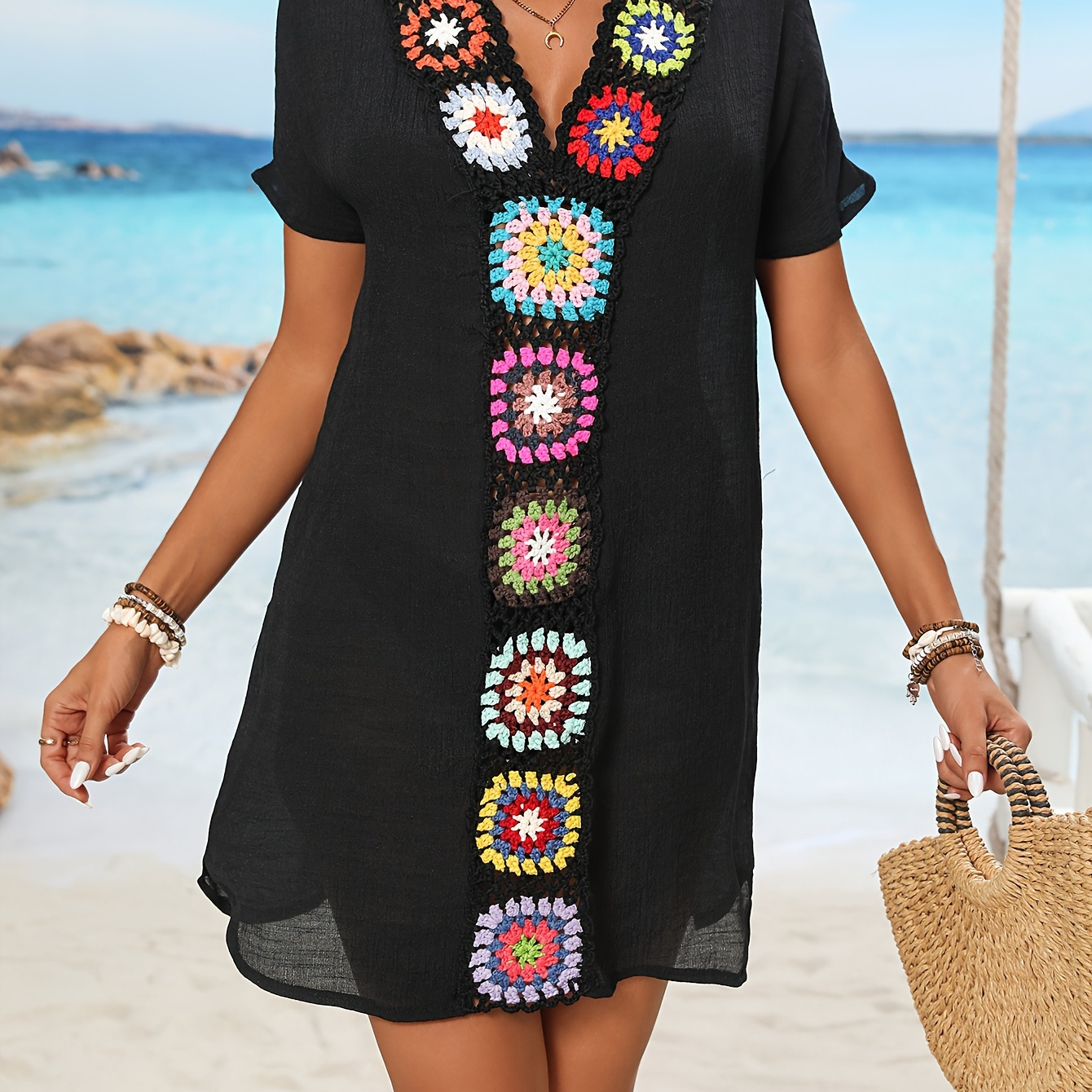 

Women's Casual Crochet Shift Cover Up Dress, Short Sleeve Summer Beach Tunic With Multicolor Floral Accents