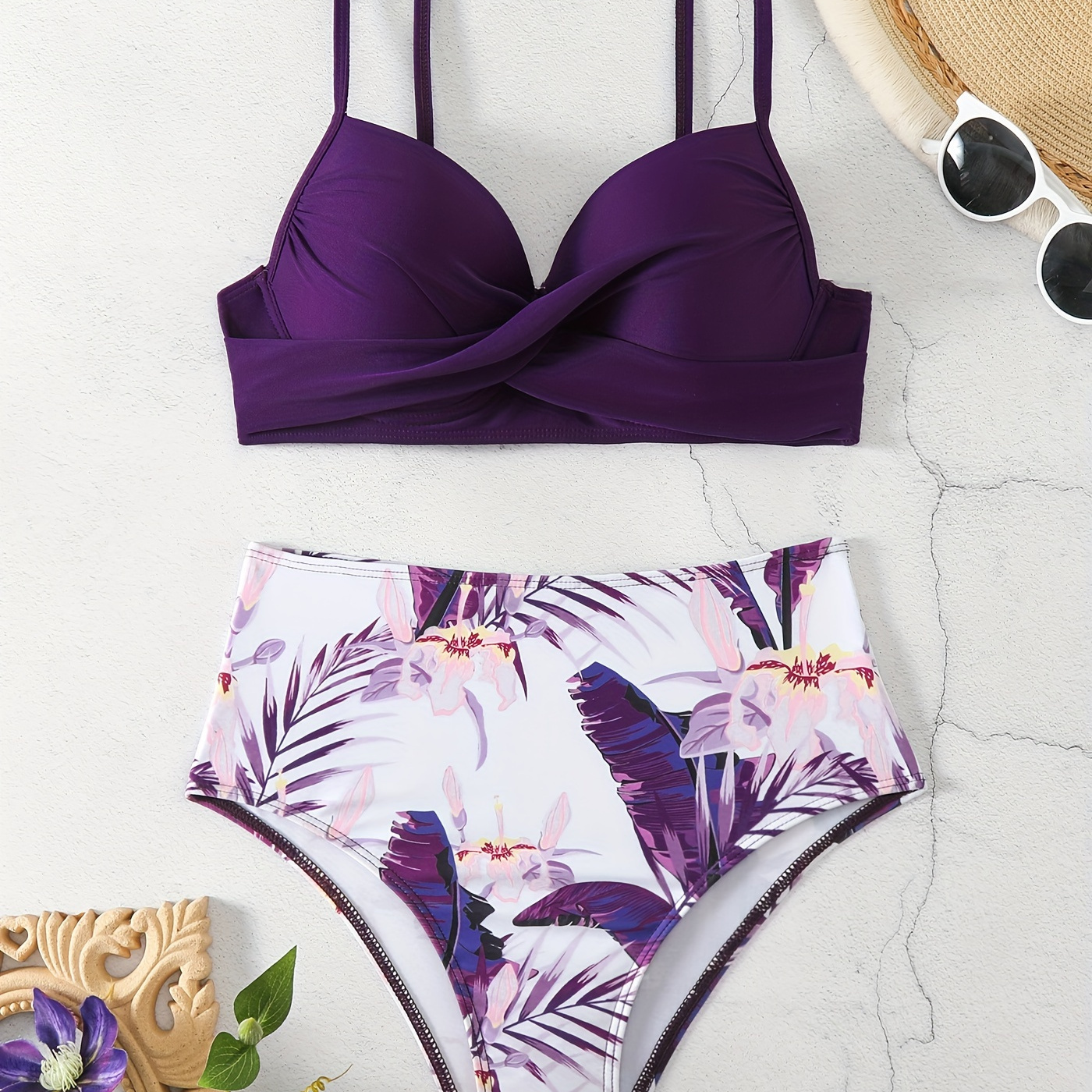 

Purple Floral Print Push Up 2 Piece Set Bikini, Cross Spaghetti Strap Stretchy Swimsuits, Women's Swimwear & Clothing
