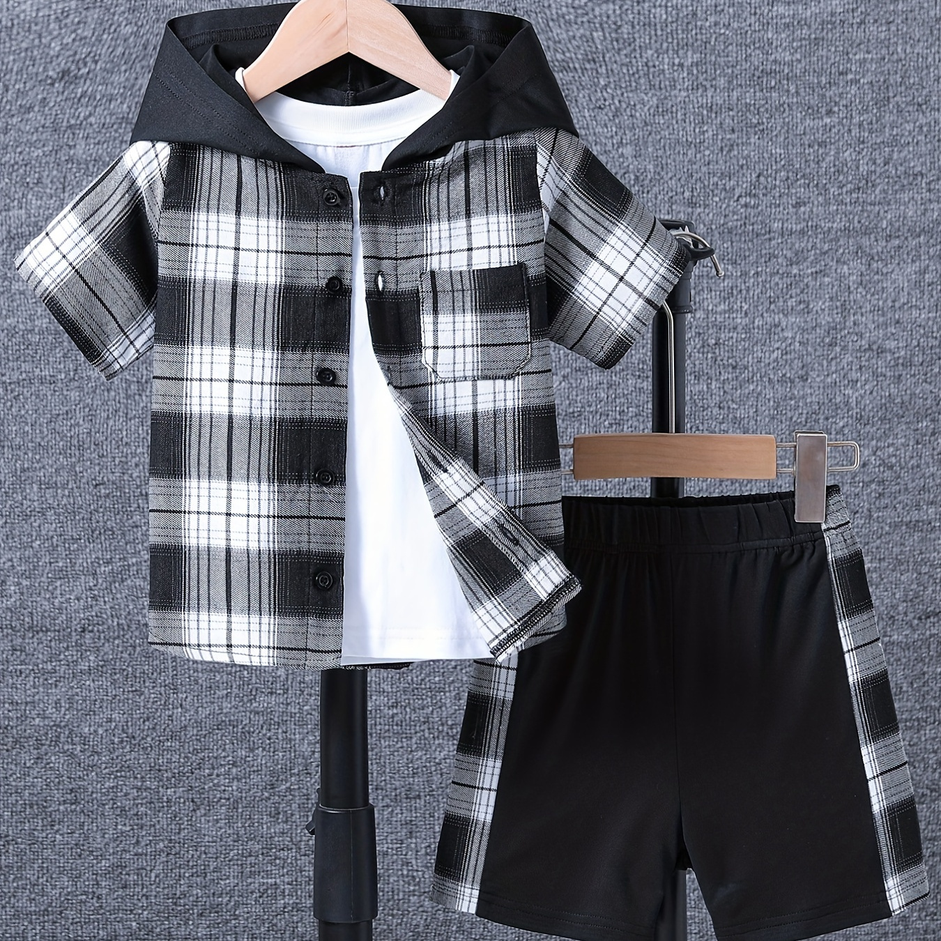

Boy's 2pcs Hooded Shirt & Elastic Waist Shorts Set, Button Front Short Sleeve Top, Plaid Print Casual Outfits, Kids Clothes For Summer