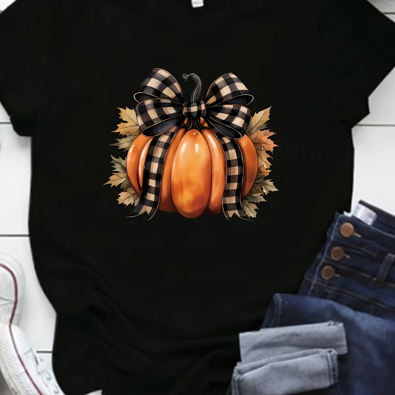 

Plus Size Pumpkin Print T-shirt, Casual Short Sleeve Crew Neck Top For , Women's Plus Size Clothing