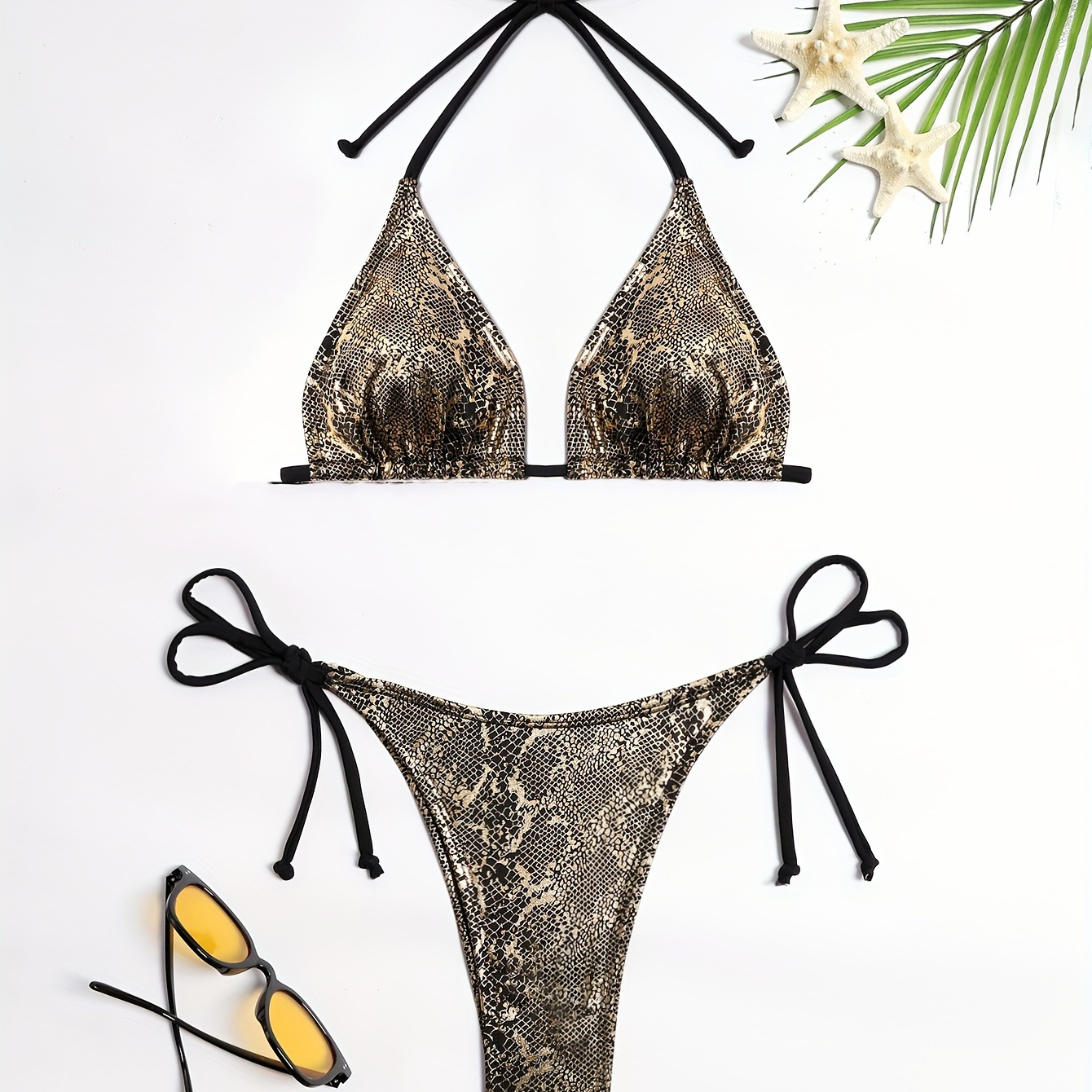 

Women's Sexy Snake Print Bikini Set, Adjustable Tie String Swimsuit, Two-piece Beachwear, Summer Swimwear