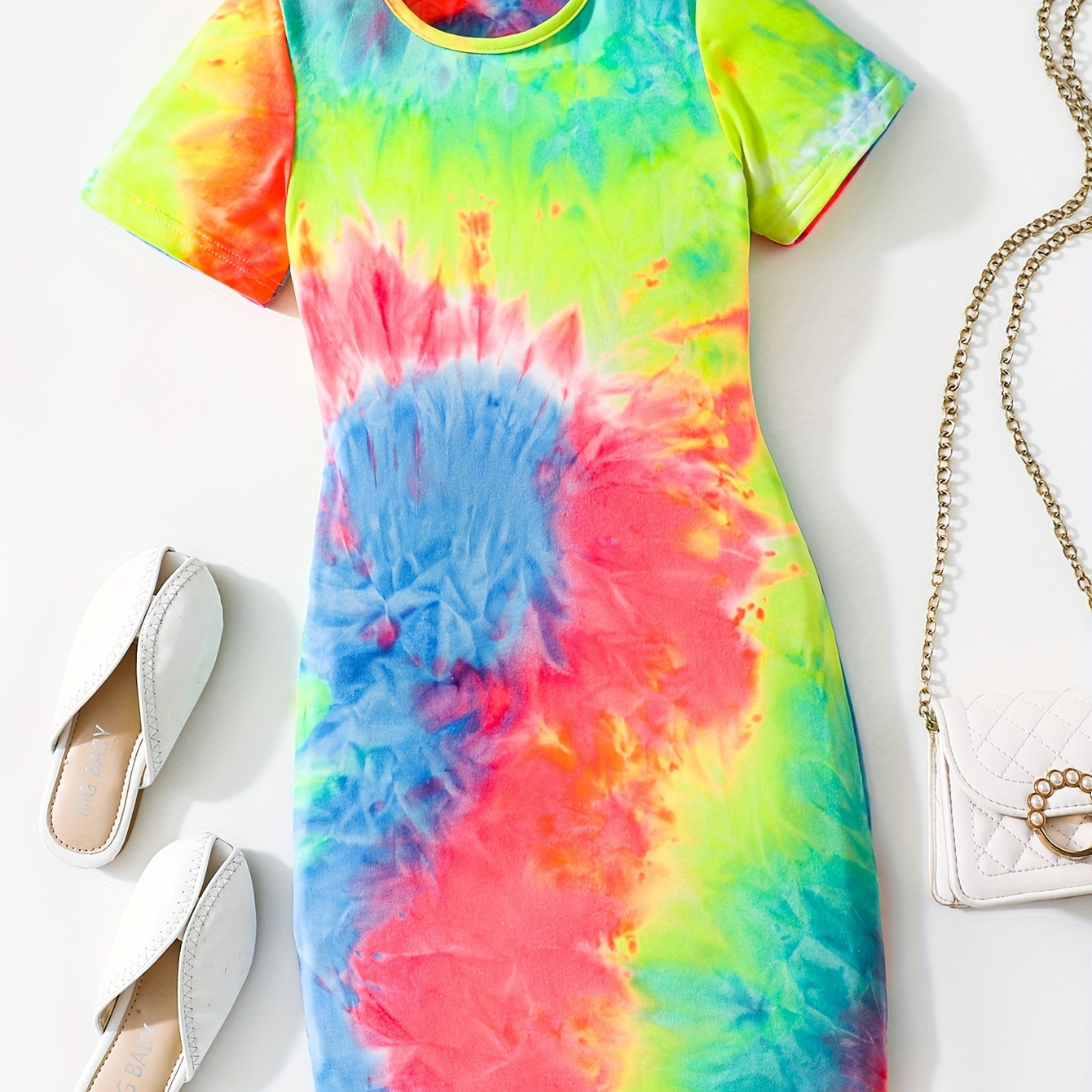 

Dreamy Tie Dye Pattern Short Sleeve Dress For Girls Summer Holiday Party Gift