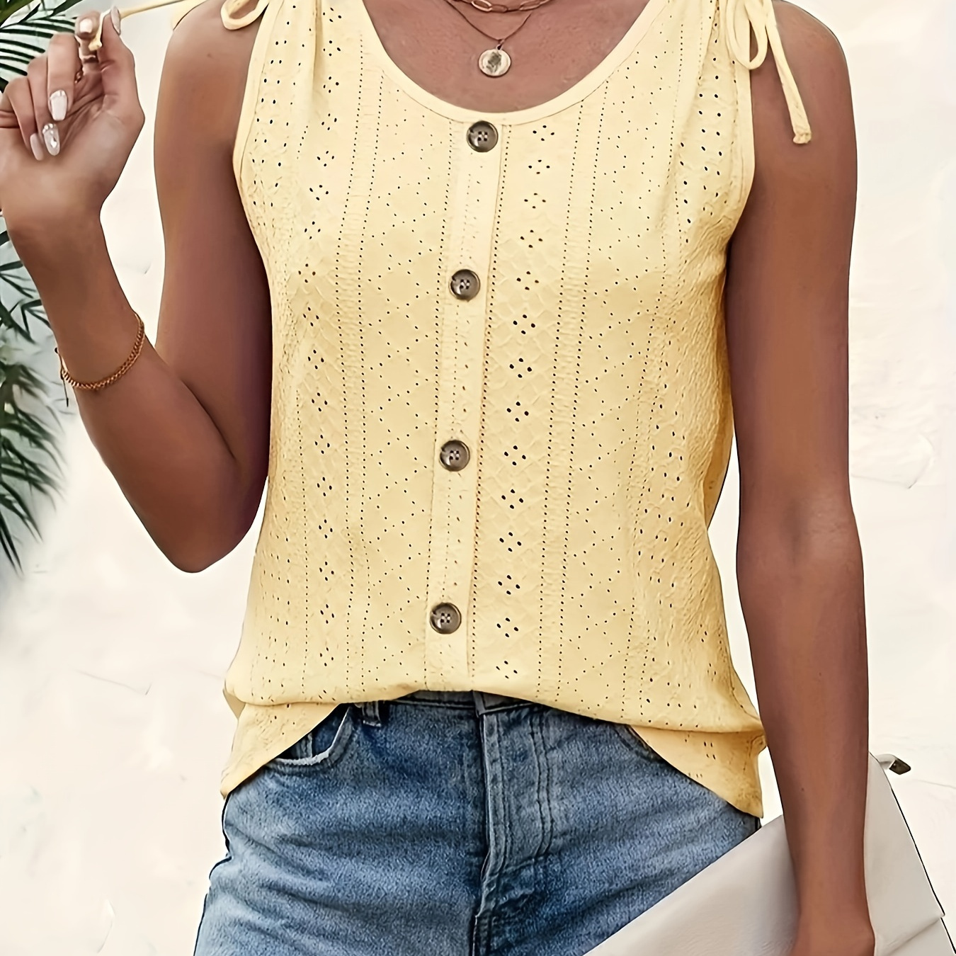 

Eyelet Drawstring Tank Top, Elegant Crew Neck Button Front Summer Sleeveless Top, Women's Clothing