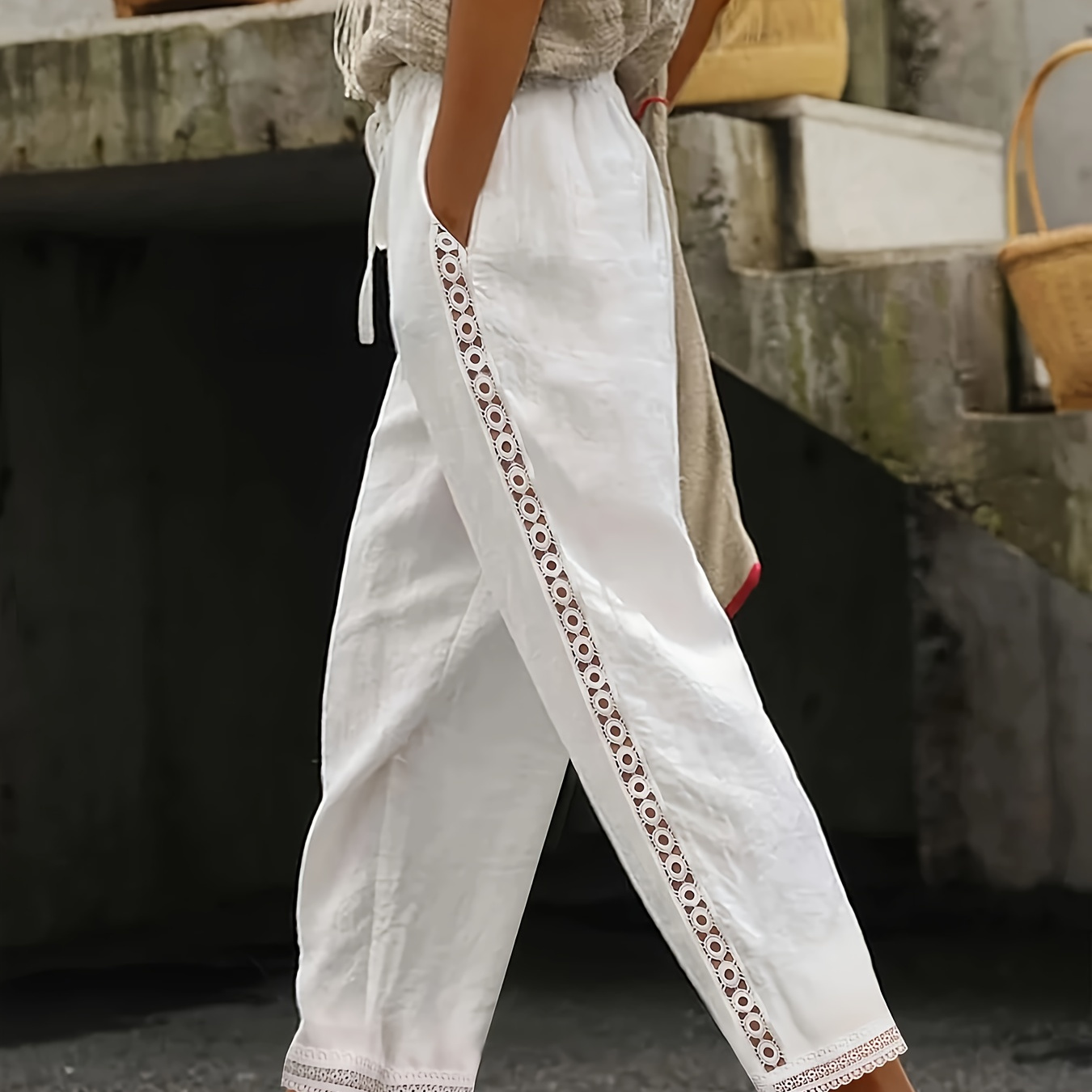 

Pantalon droit à poches obliques et épissures en dentelle, pantalon taille haute décontracté et polyvalent pour le printemps et l'été, vêtements pour femmes.