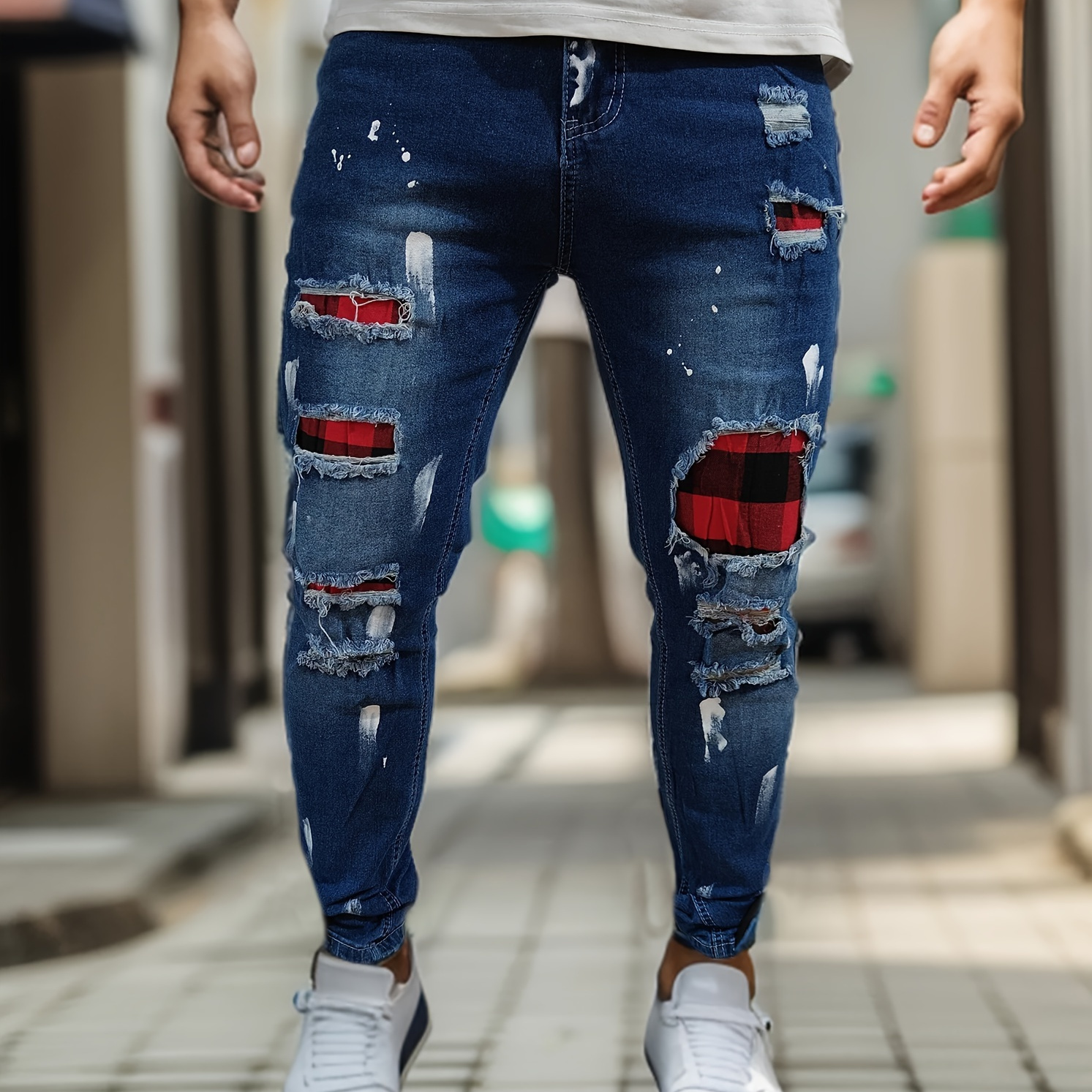 

Men's Cotton Blend Ripped Distressed Jeans, Chic Street Style Skinny Bottoms For Men, All Seasons