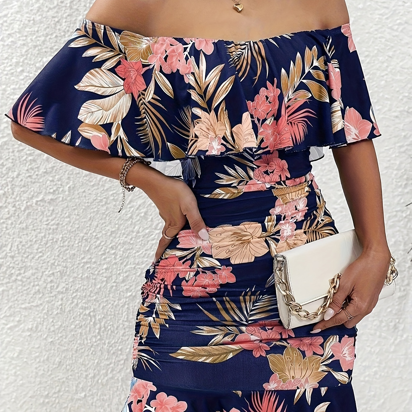 

Floral Pattern Off Shoulder Dress, Vacation Bodycon Ruffle Trim Dress, Women's Clothing