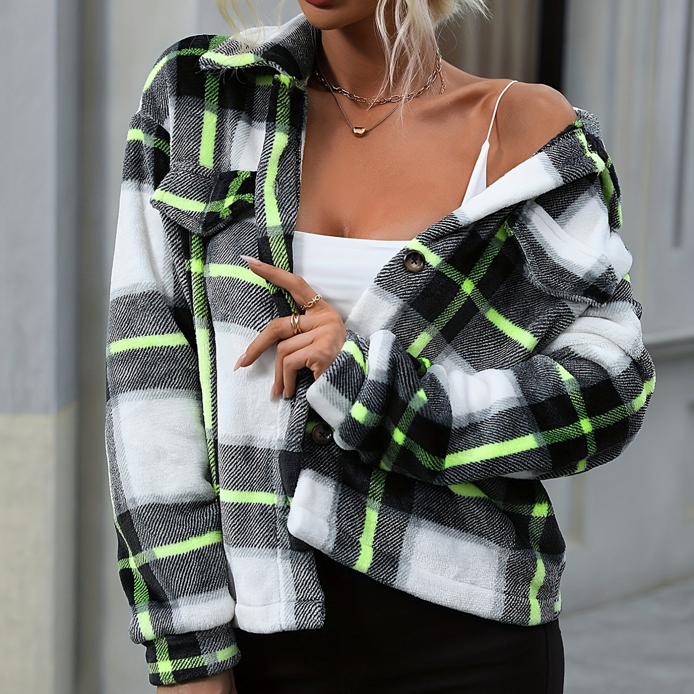 

Plaid Print Single Button Jacket, Casual Drop Shoulder Jacket For Fall, Women's Clothing