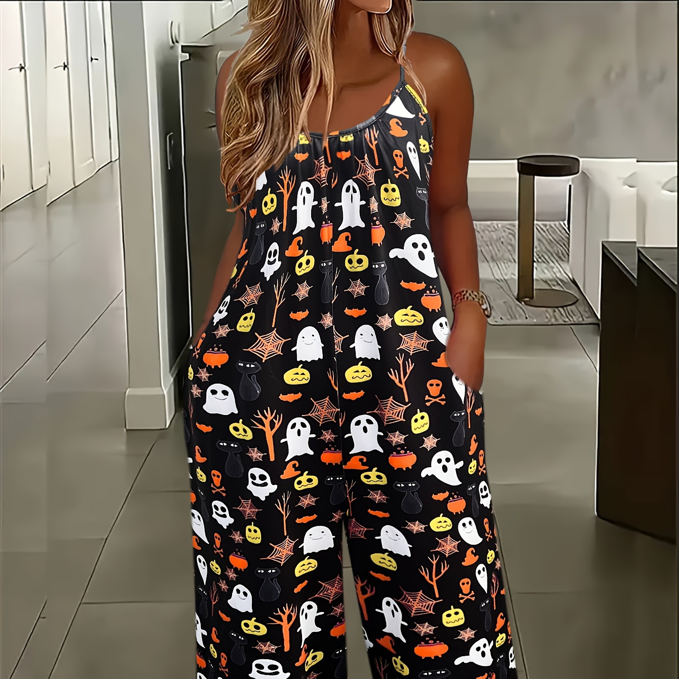 

Plus Size Halloween Print Cami Wide Leg Jumpsuit, Casual Pocket Ruched Crew Neck Sleeveless Jumpsuit, Women's Plus Size Clothing