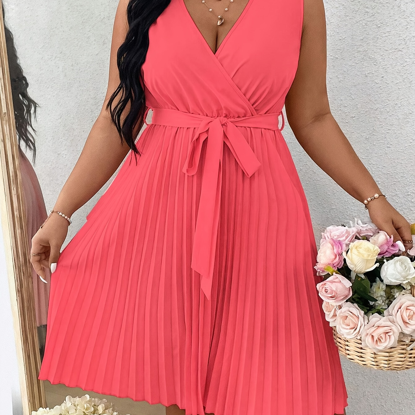 

Plus Size Solid Pleated Hem Belted Tank Dress, Elegant V Neck Sleeveless Dress, Women's Plus Size Clothing