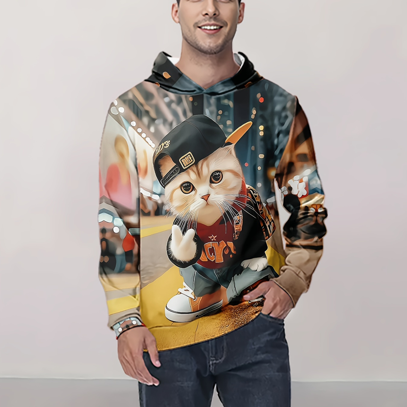 

Men's Cat Hoodie, Casual Long Sleeve Hooded Sweatshirt For Outdoor